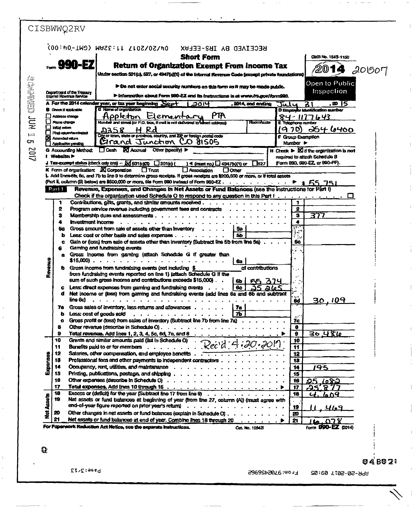 Image of first page of 2014 Form 990EZ for PTA Colorado Congress / Appleton Elementary PTA