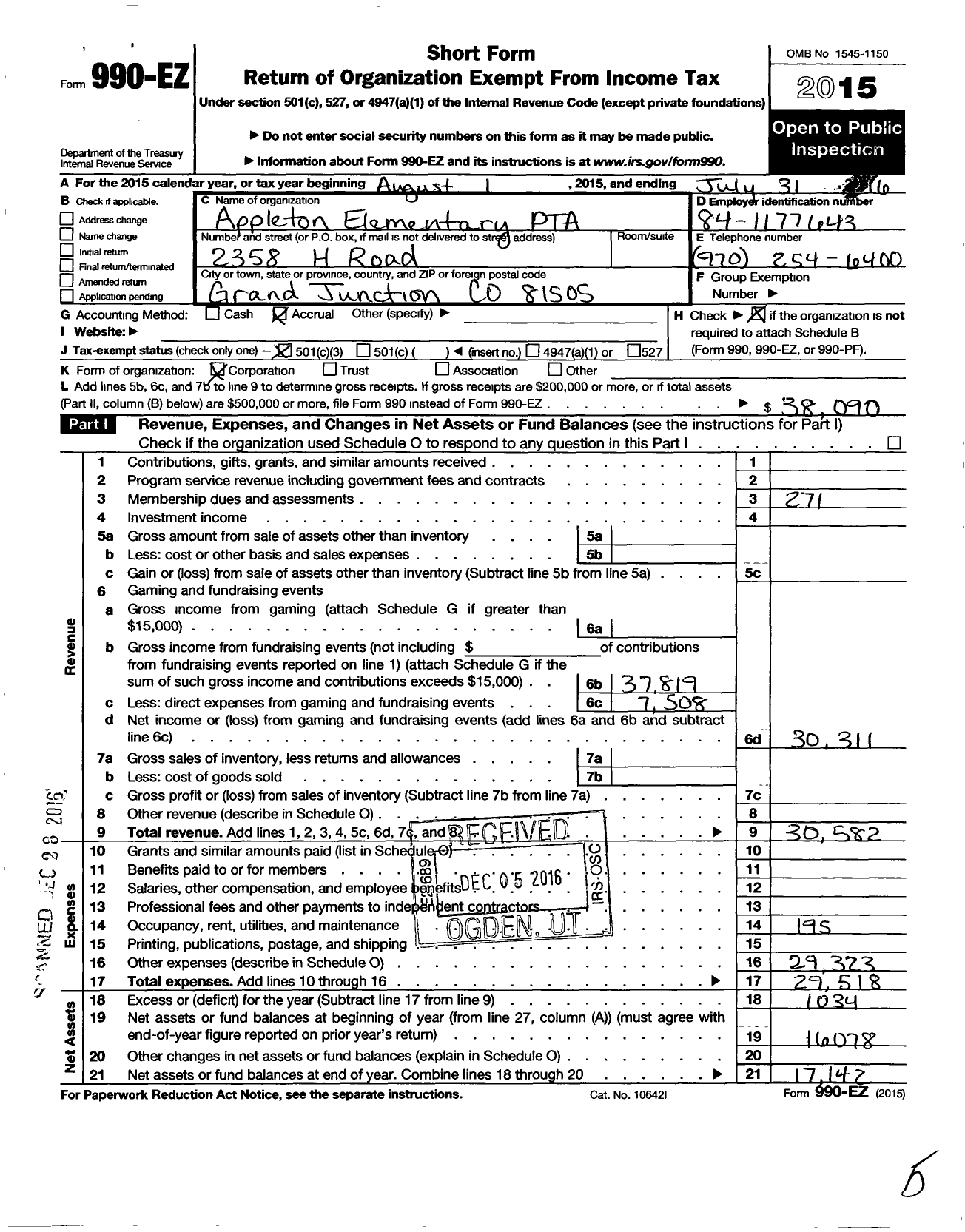 Image of first page of 2015 Form 990EZ for PTA Colorado Congress / Appleton Elementary PTA