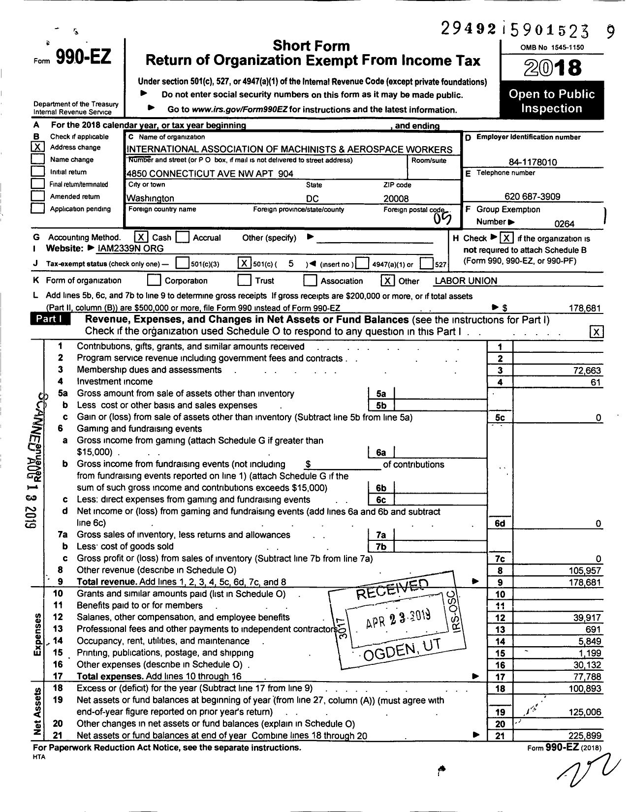 Image of first page of 2018 Form 990EO for International Association of Machinists and Aerospace Workers - 2339 N