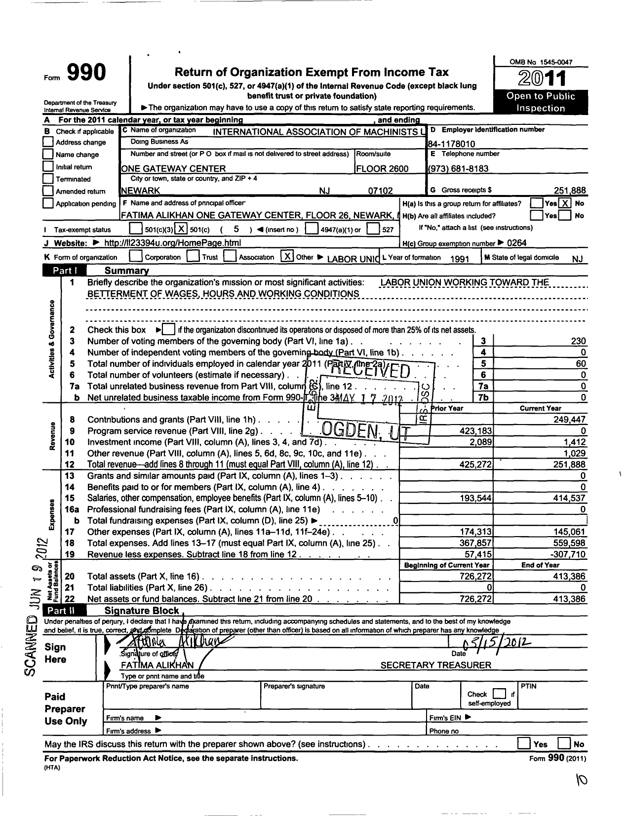 Image of first page of 2011 Form 990O for International Association of Machinists and Aerospace Workers - 2339 N