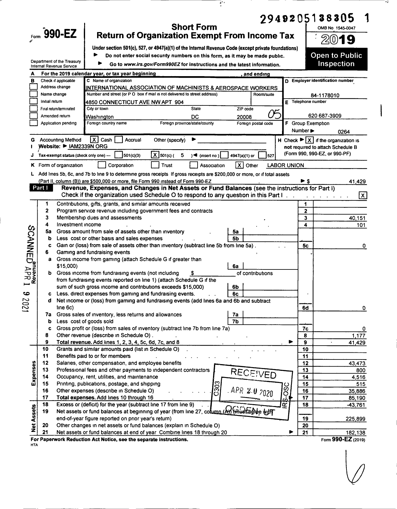 Image of first page of 2019 Form 990EO for International Association of Machinists and Aerospace Workers - 2339 N