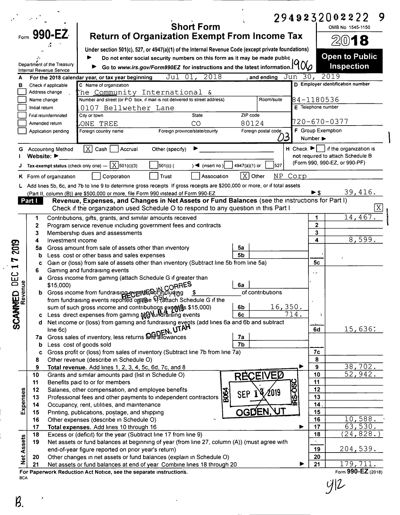 Image of first page of 2018 Form 990EZ for The community International and Vocational Charitable Fund