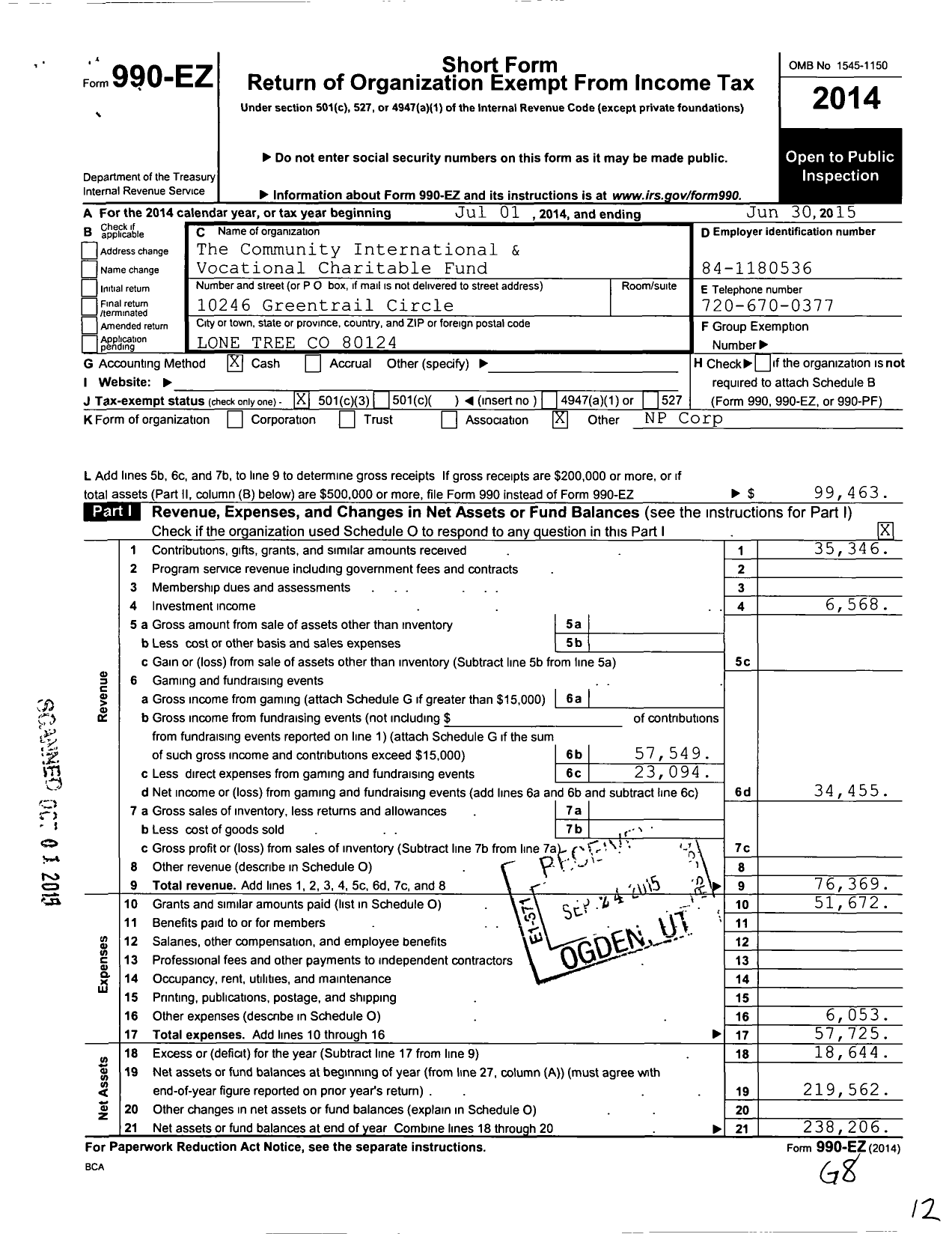 Image of first page of 2014 Form 990EZ for The community International and Vocational Charitable Fund