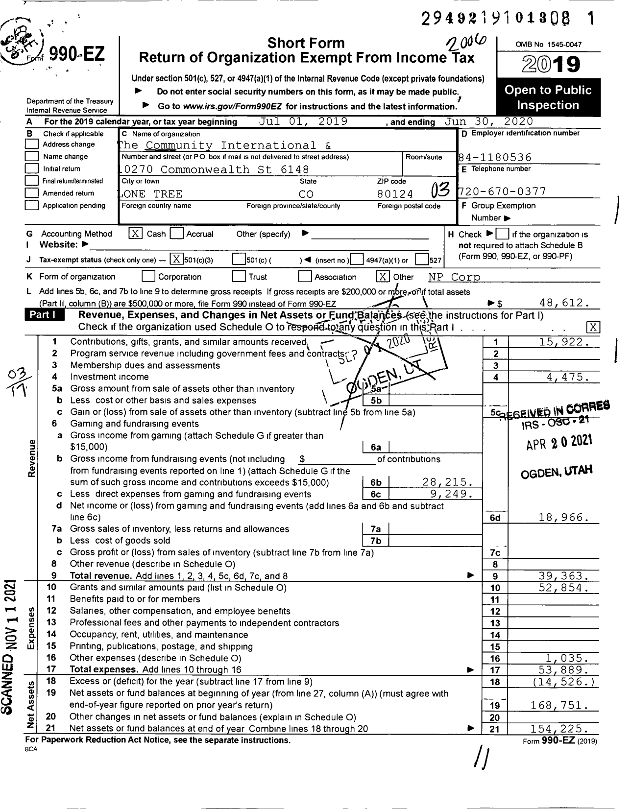 Image of first page of 2019 Form 990EZ for The community International and Vocational Charitable Fund