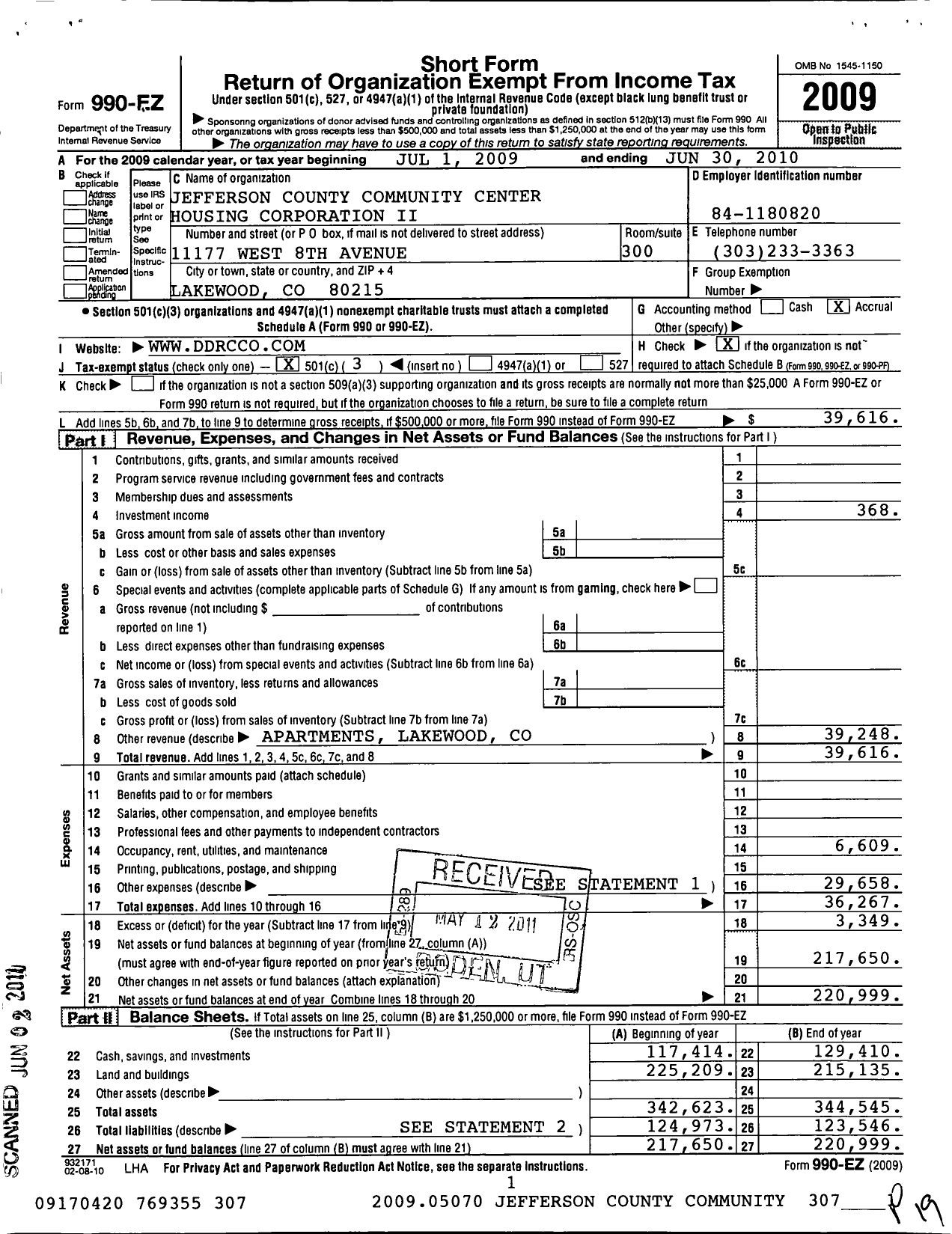 Image of first page of 2009 Form 990EZ for Jefferson County Community Center Housing Corporation Ii