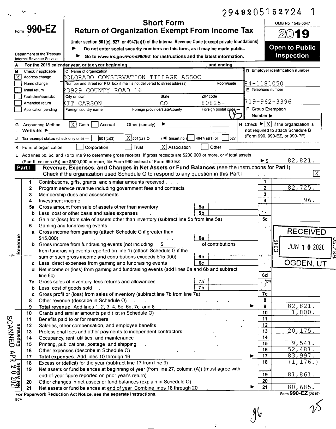 Image of first page of 2019 Form 990EO for Colorado Conservation Tillage