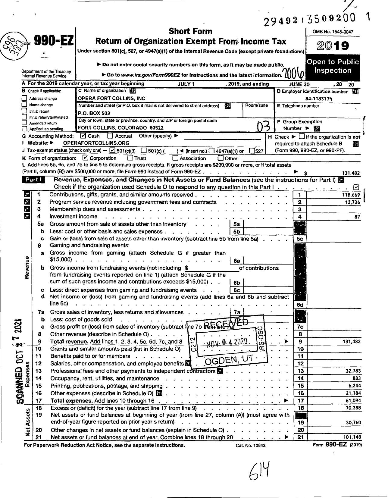 Image of first page of 2019 Form 990EZ for Opera Fort Collins