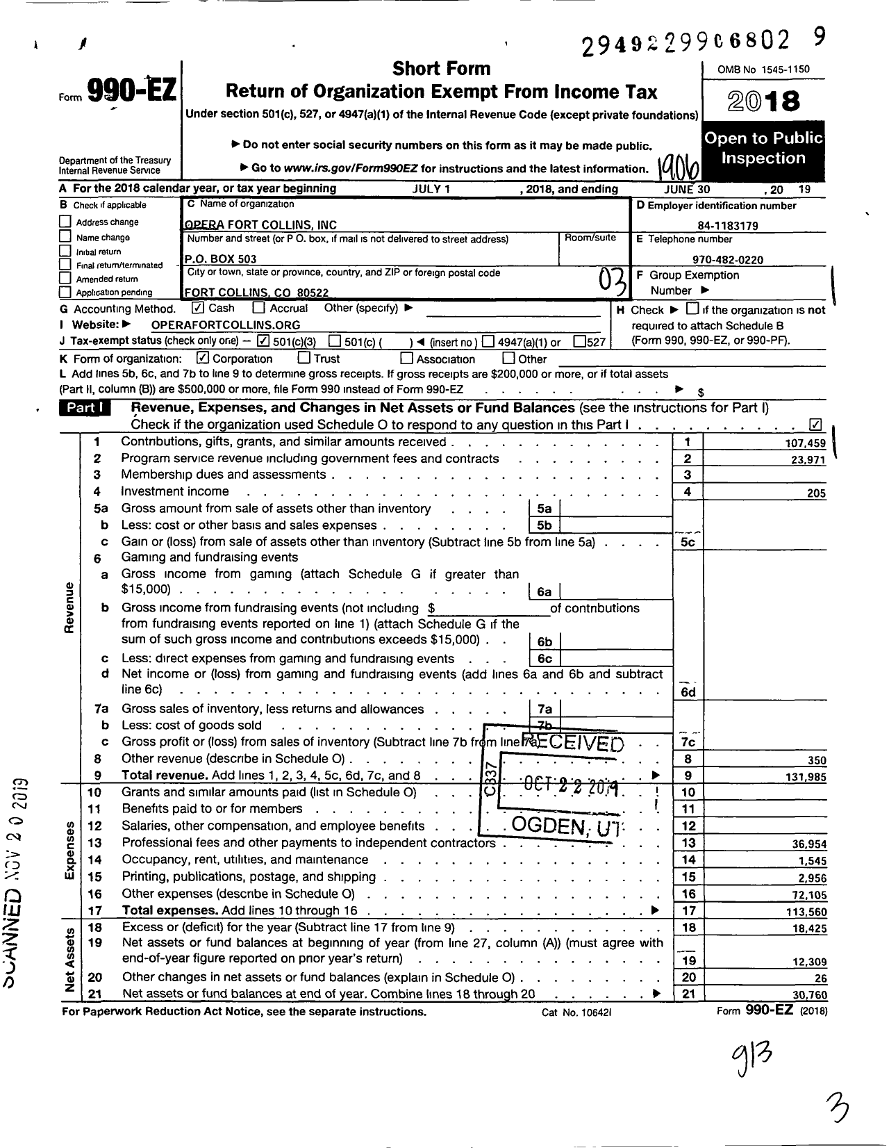 Image of first page of 2018 Form 990EZ for Opera Fort Collins