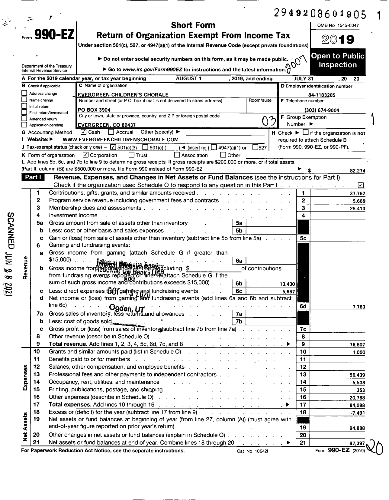 Image of first page of 2019 Form 990EZ for Evergreen Childrens Chorale