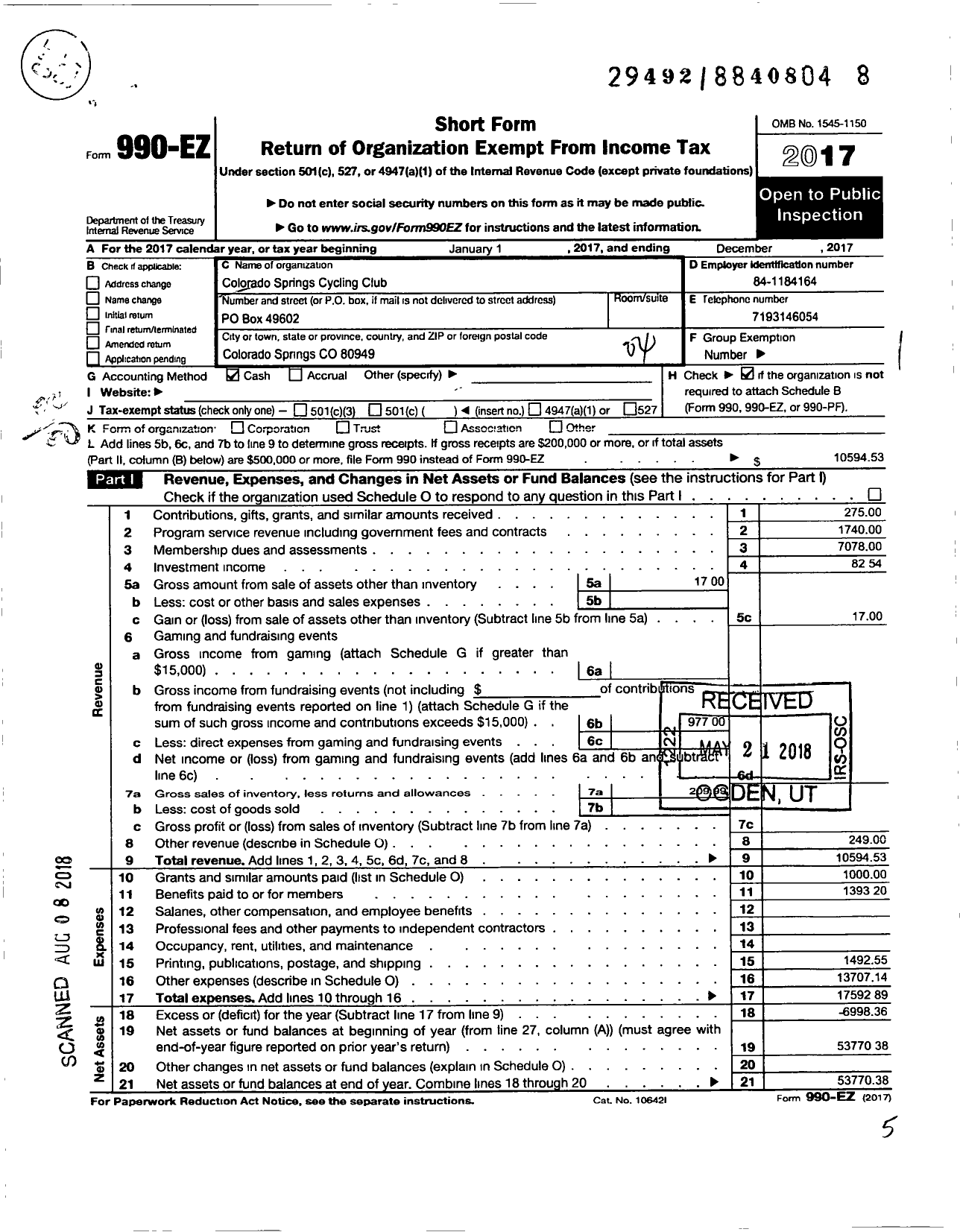 Image of first page of 2017 Form 990EO for Colorado Springs Cycling Club