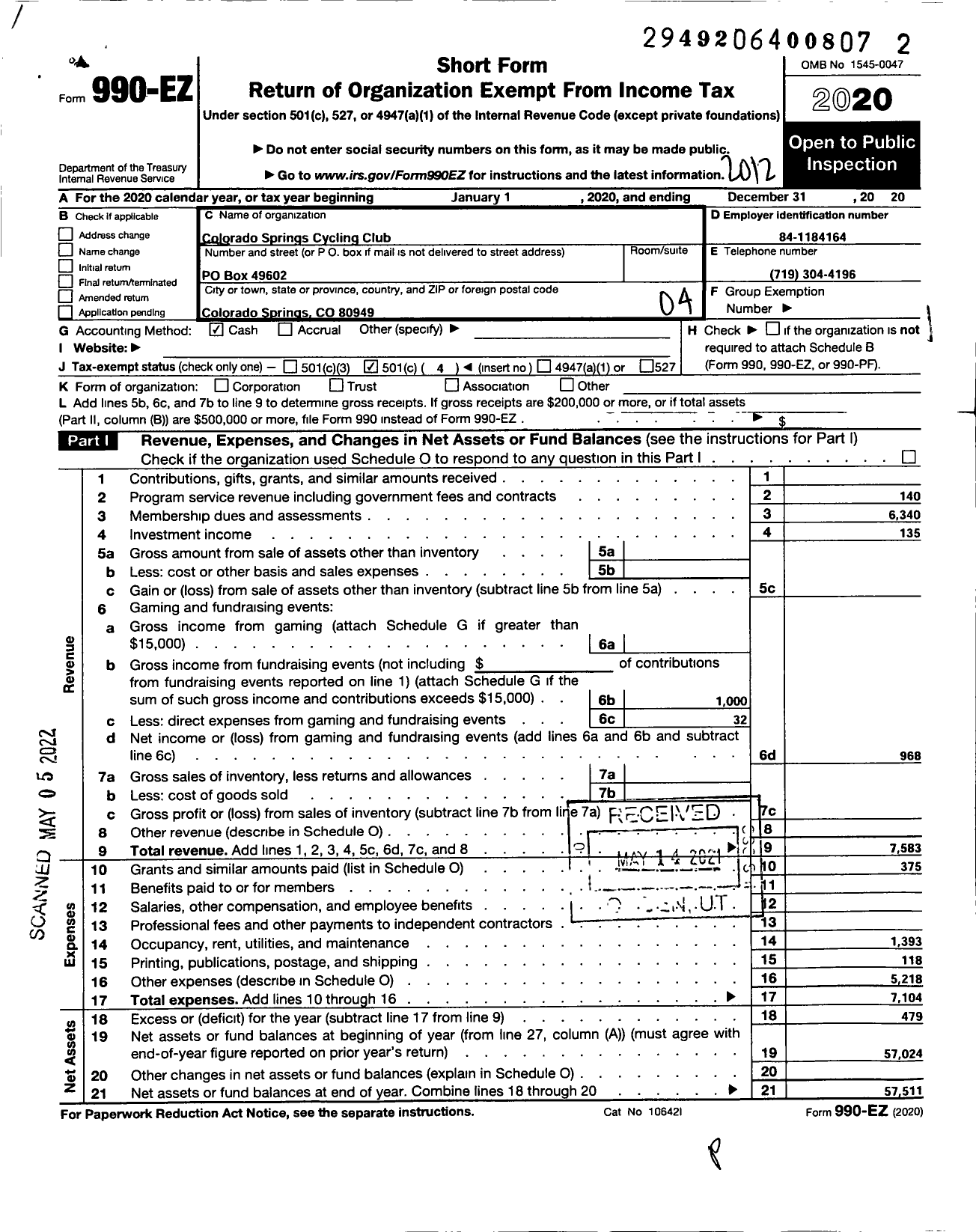 Image of first page of 2020 Form 990EO for Colorado Springs Cycling Club