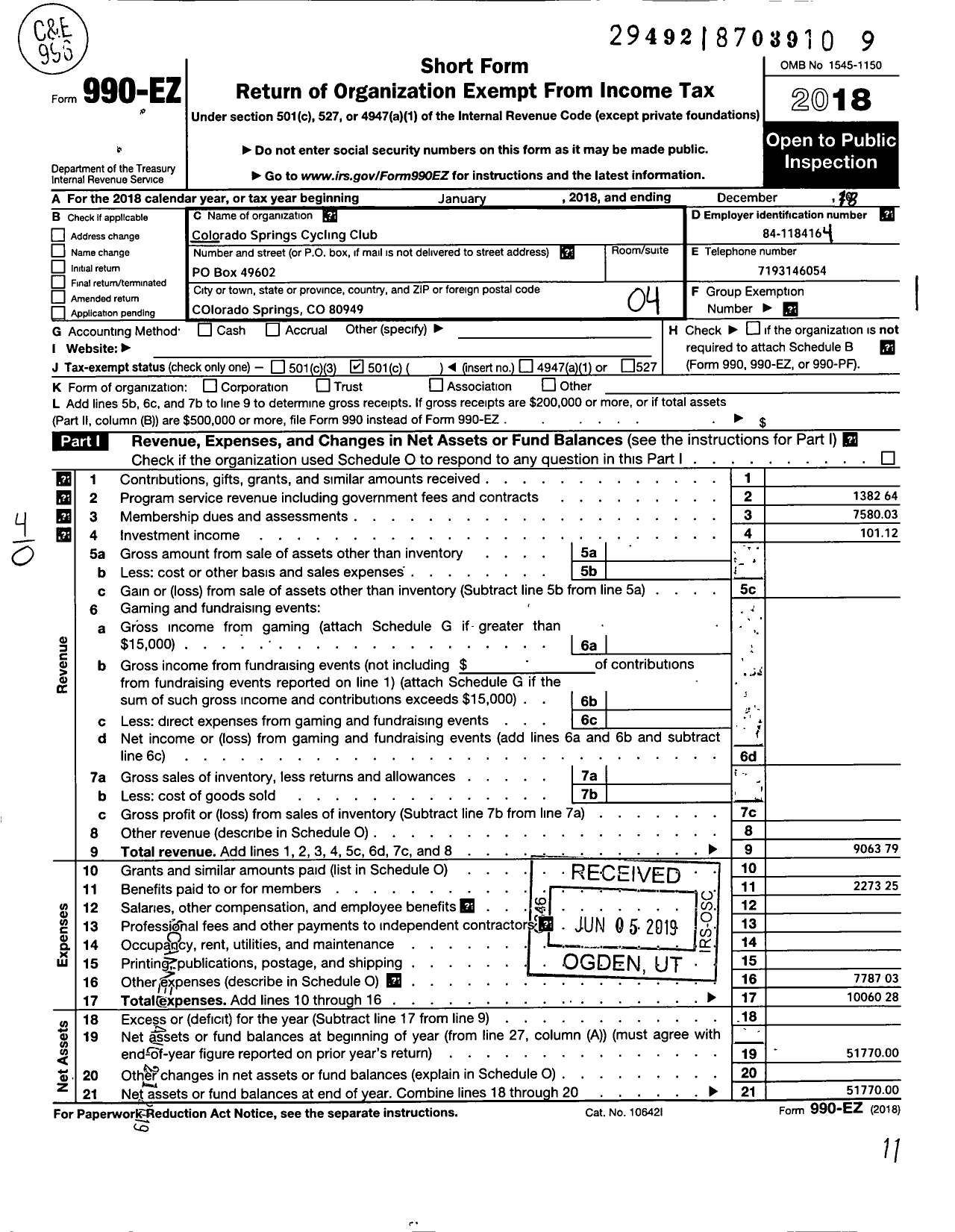 Image of first page of 2018 Form 990EO for Colorado Springs Cycling Club