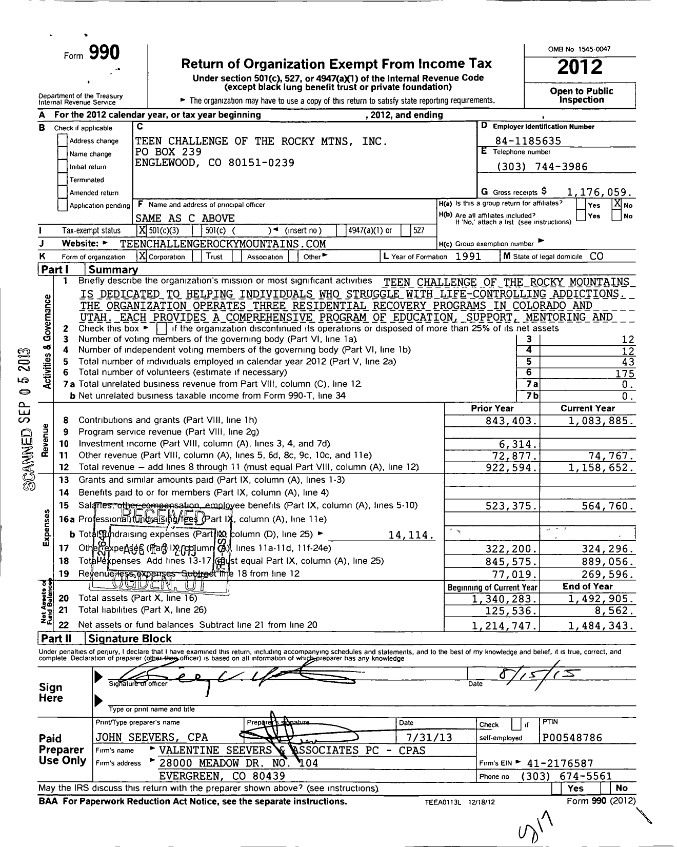 Image of first page of 2012 Form 990 for Teen Challenge of the Rocky MTNS