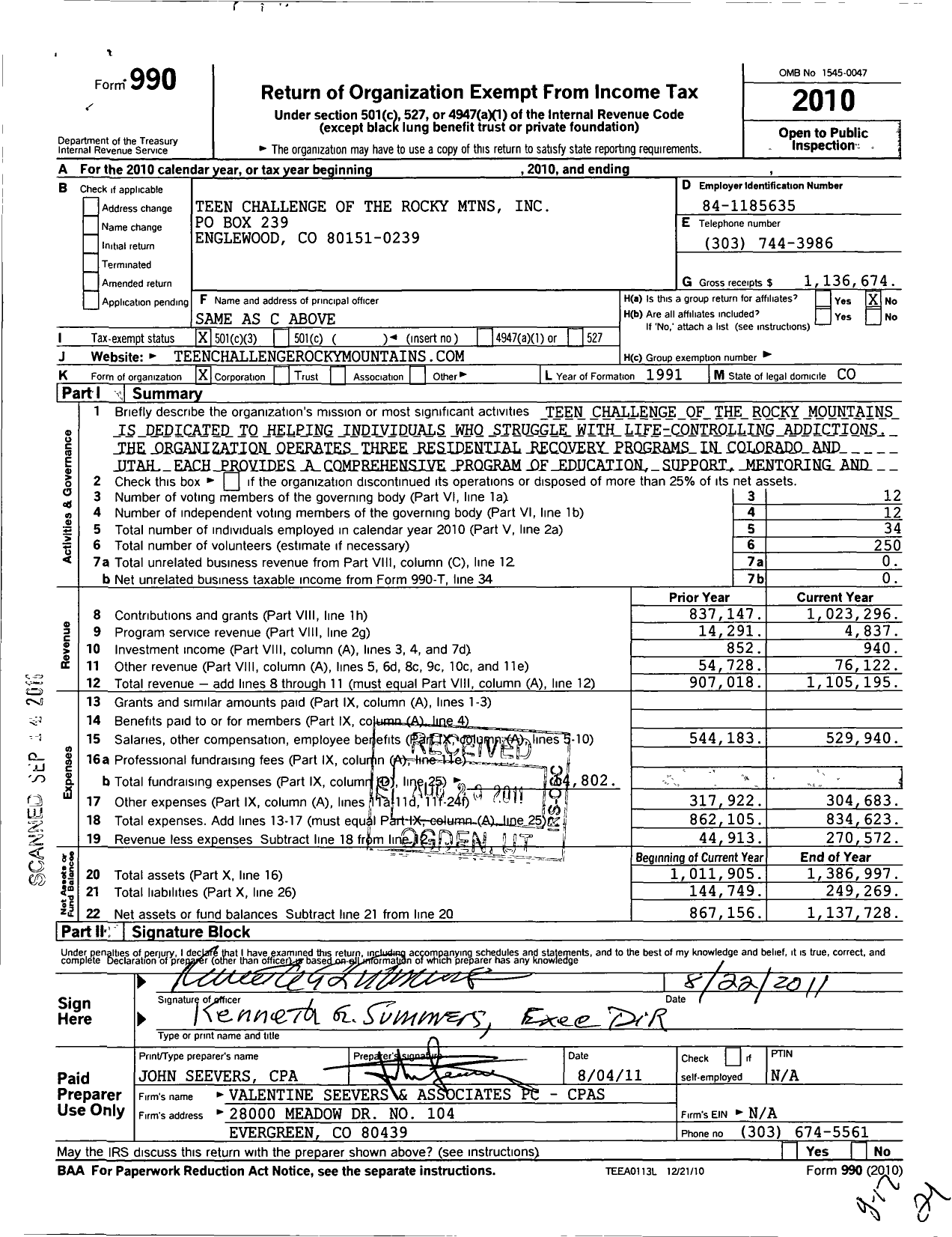 Image of first page of 2010 Form 990 for Teen Challenge of the Rocky MTNS