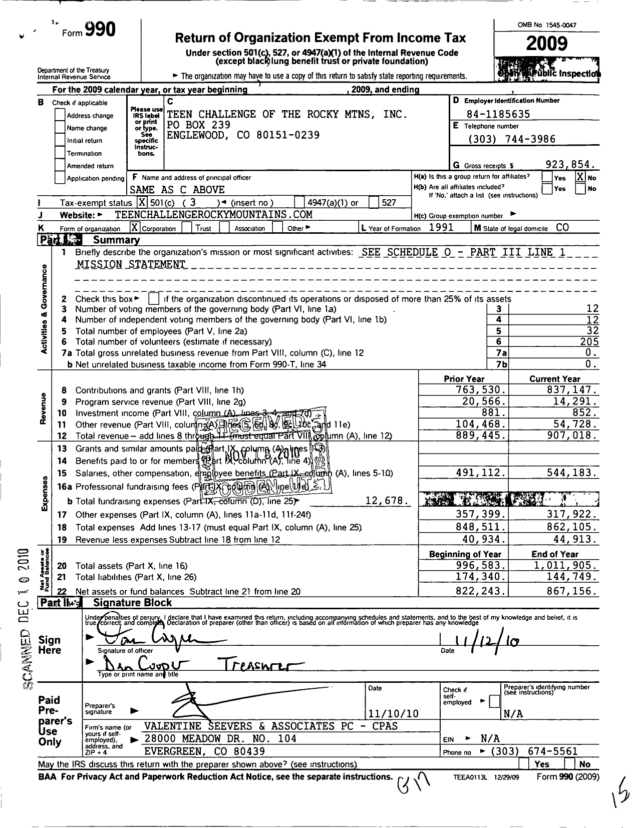 Image of first page of 2009 Form 990 for Teen Challenge of the Rocky MTNS