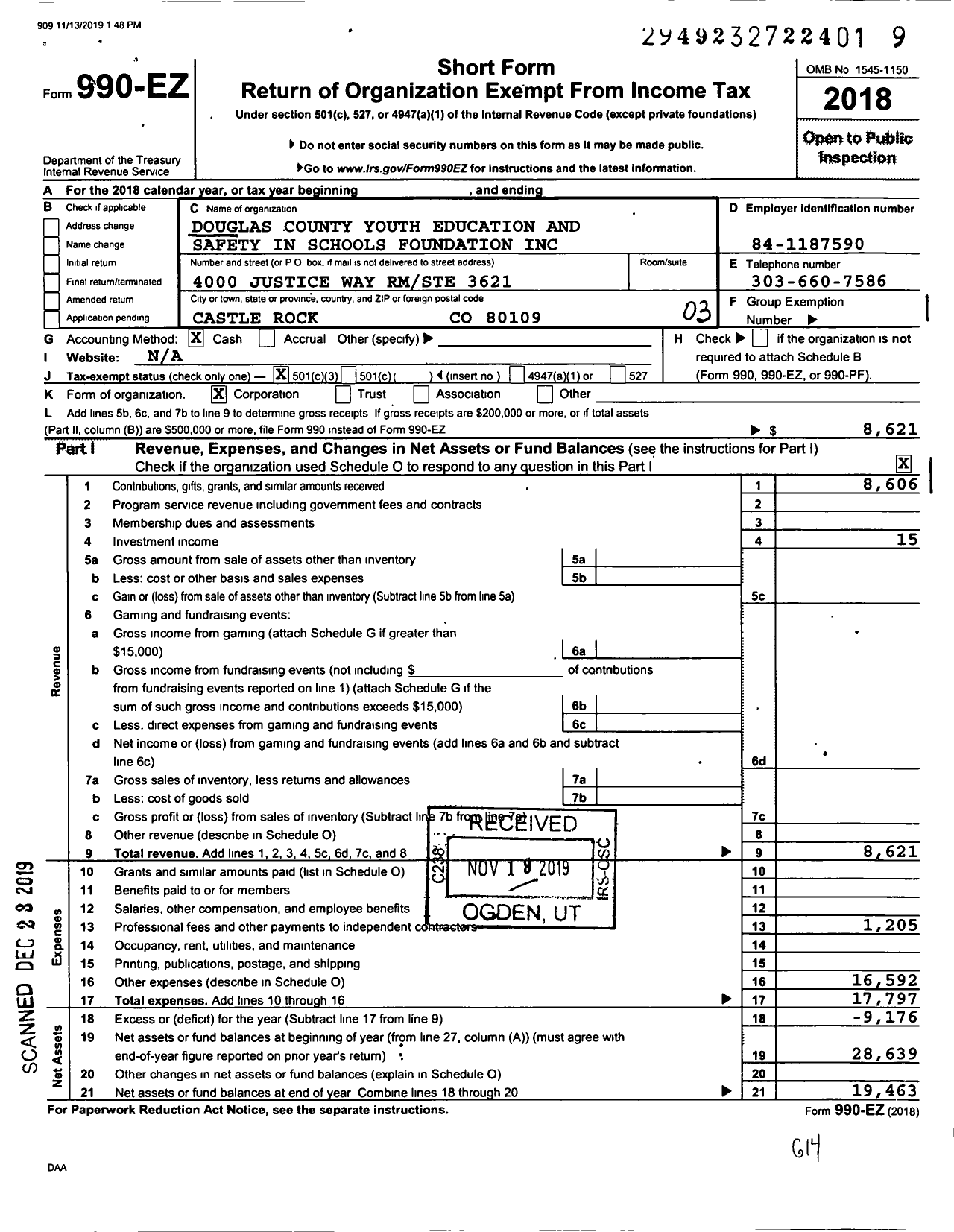 Image of first page of 2018 Form 990EZ for Douglas County Youth Education and Safety in Schools Foundation