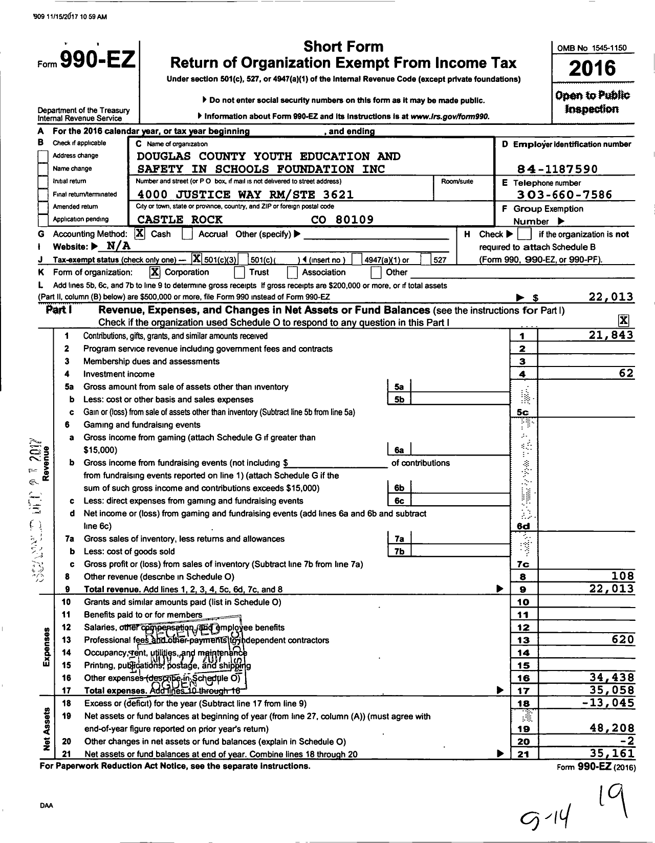 Image of first page of 2016 Form 990EZ for Douglas County Youth Education and Safety in Schools Foundation