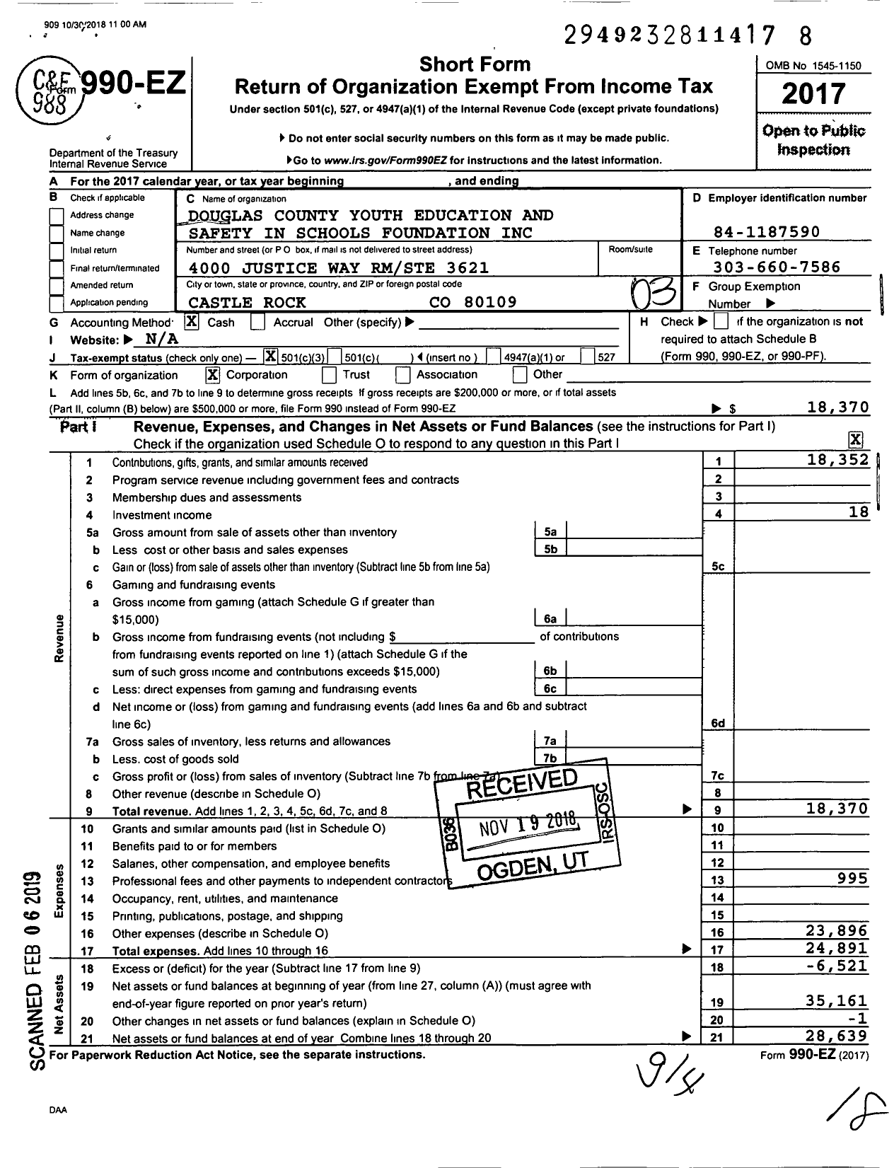 Image of first page of 2017 Form 990EZ for Douglas County Youth Education and Safety in Schools Foundation