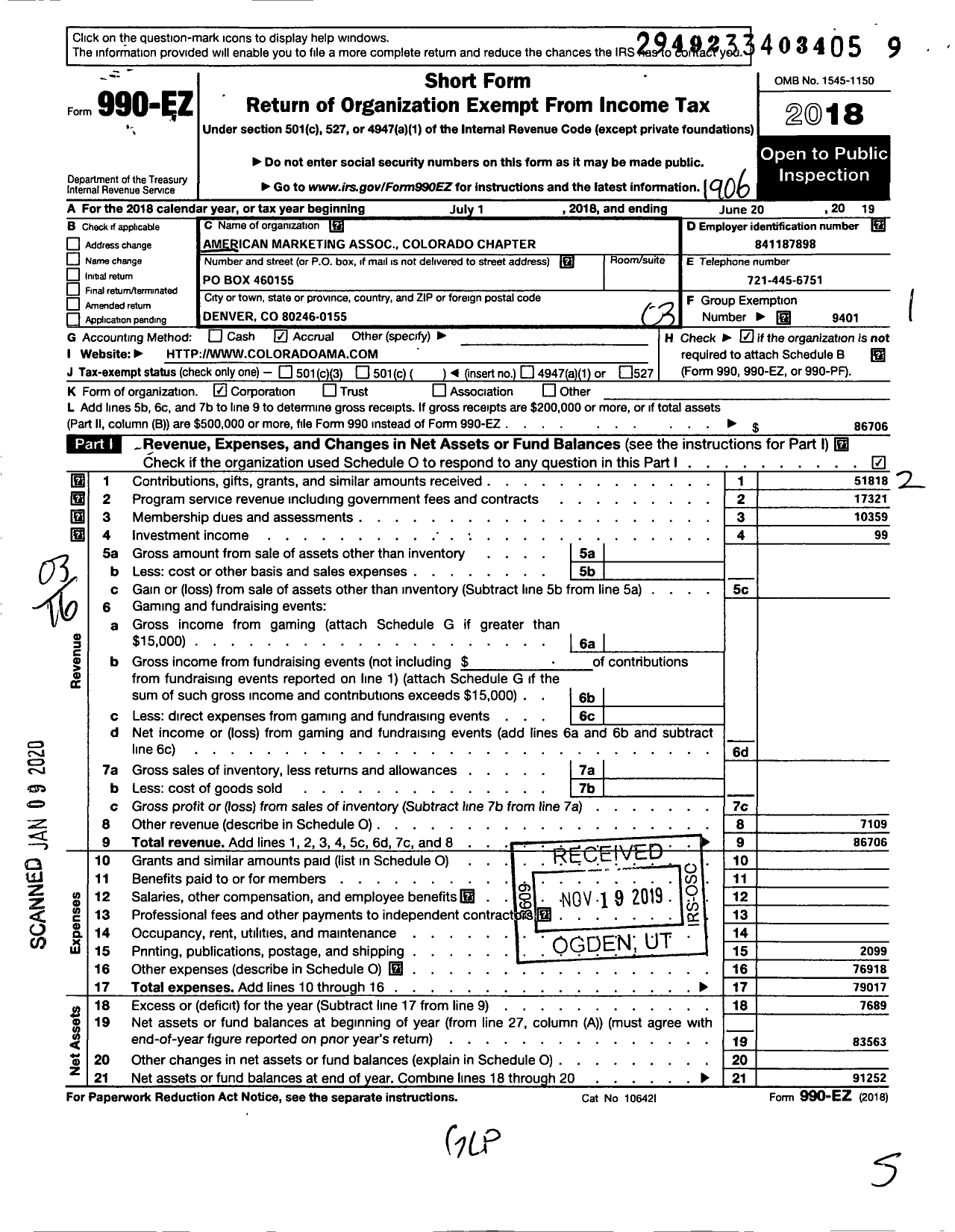 Image of first page of 2018 Form 990EZ for American Marketing Association / Colorado Chapter