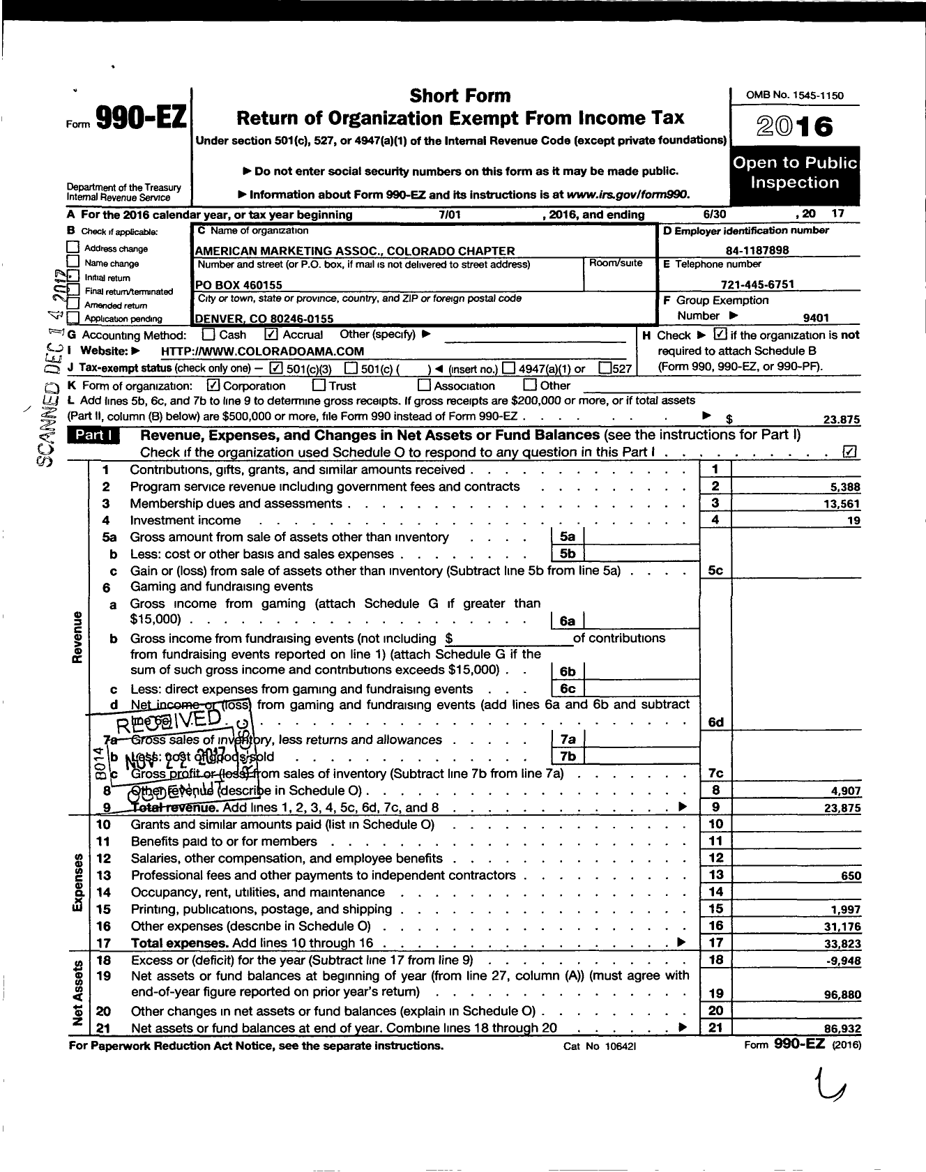 Image of first page of 2016 Form 990EZ for American Marketing Association / Colorado Chapter