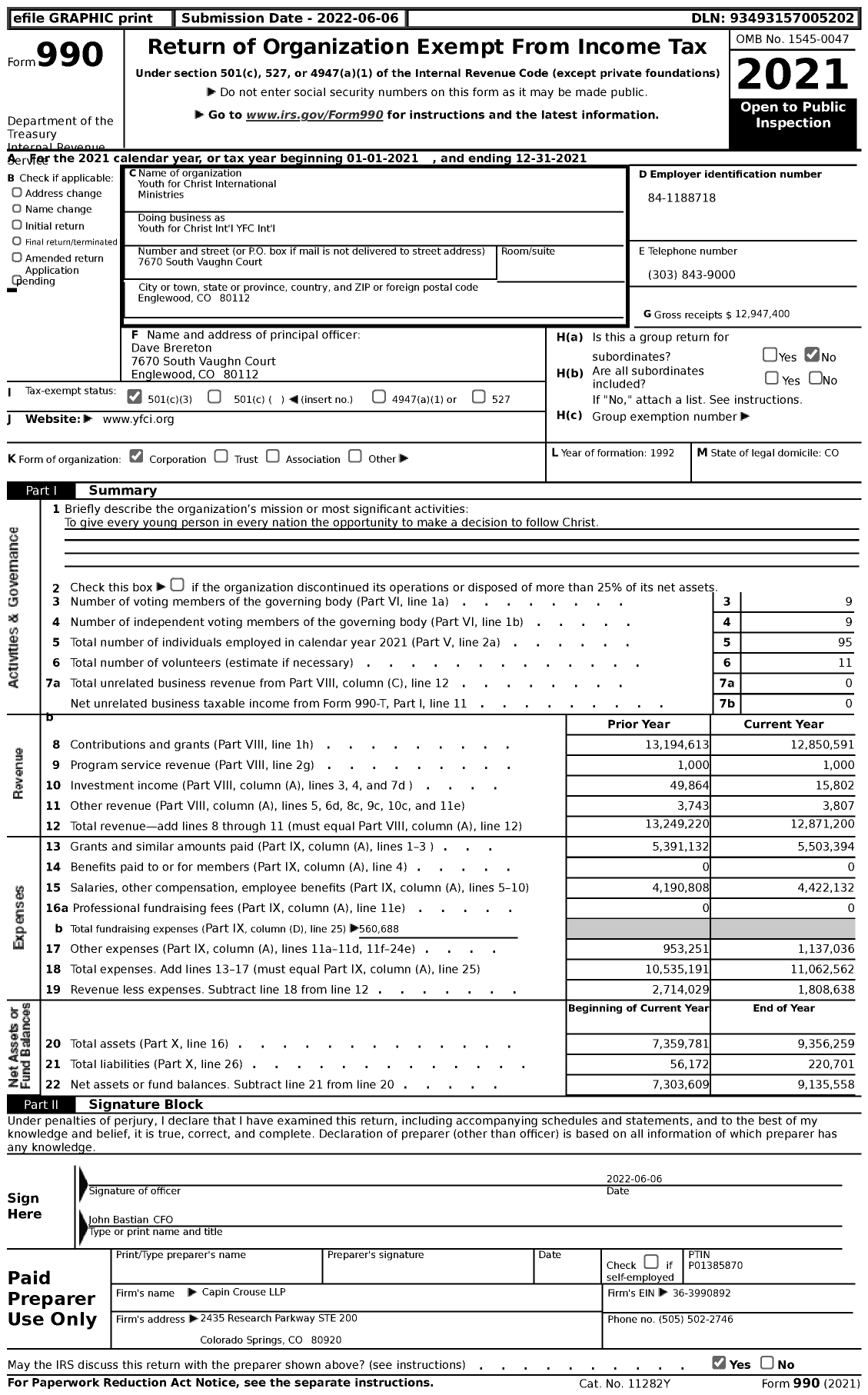 Image of first page of 2021 Form 990 for Youth for Christ Int'l YFC Int'l