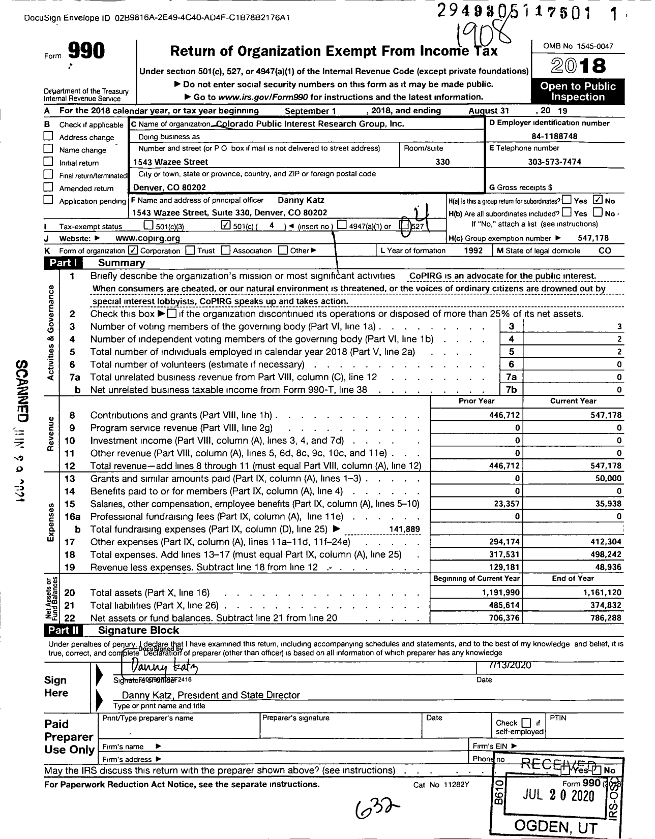 Image of first page of 2018 Form 990O for COPIRG Citizen Lobby