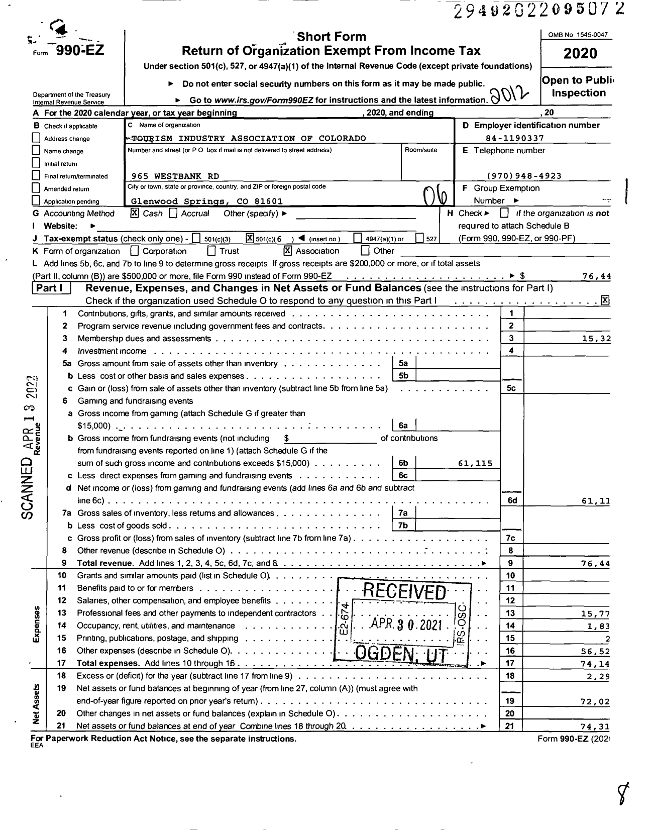 Image of first page of 2020 Form 990EO for Tourism Industry Association of Colorado