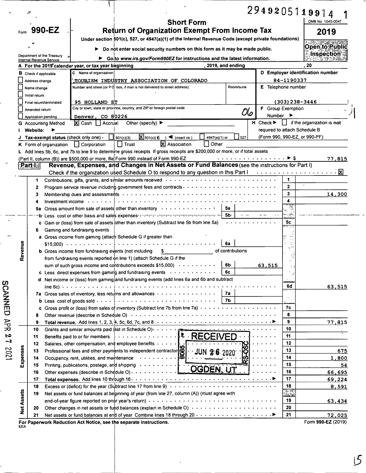 Image of first page of 2019 Form 990EO for Tourism Industry Association of Colorado