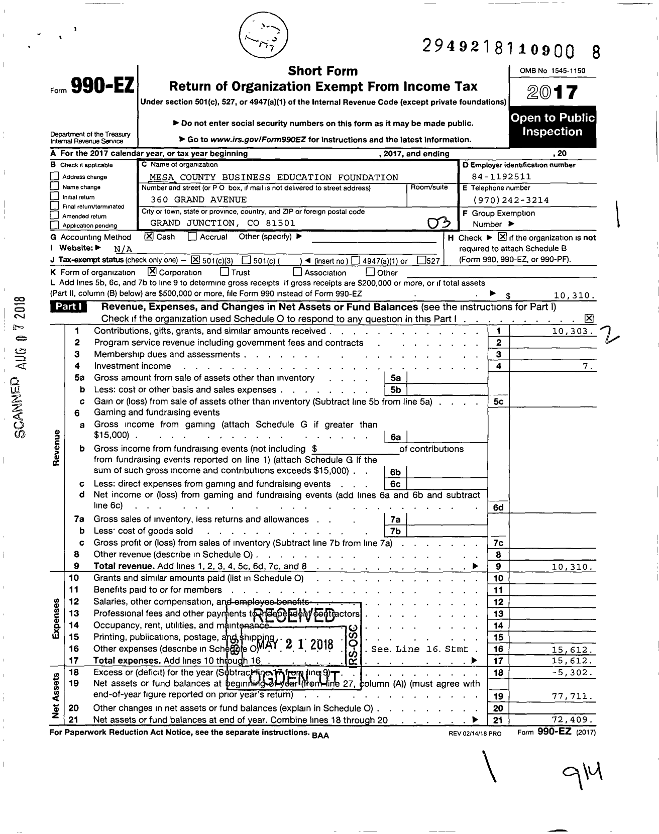 Image of first page of 2017 Form 990EZ for Mesa County Business Education Foundation