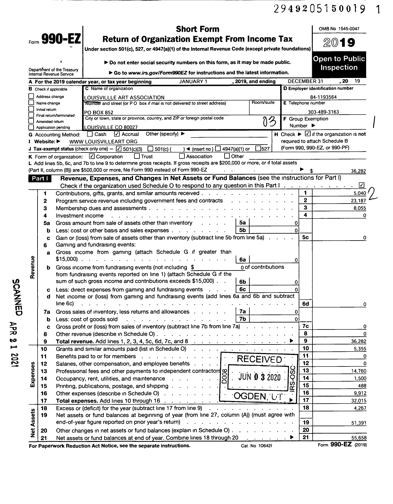 Image of first page of 2019 Form 990EZ for Louisville Art Association