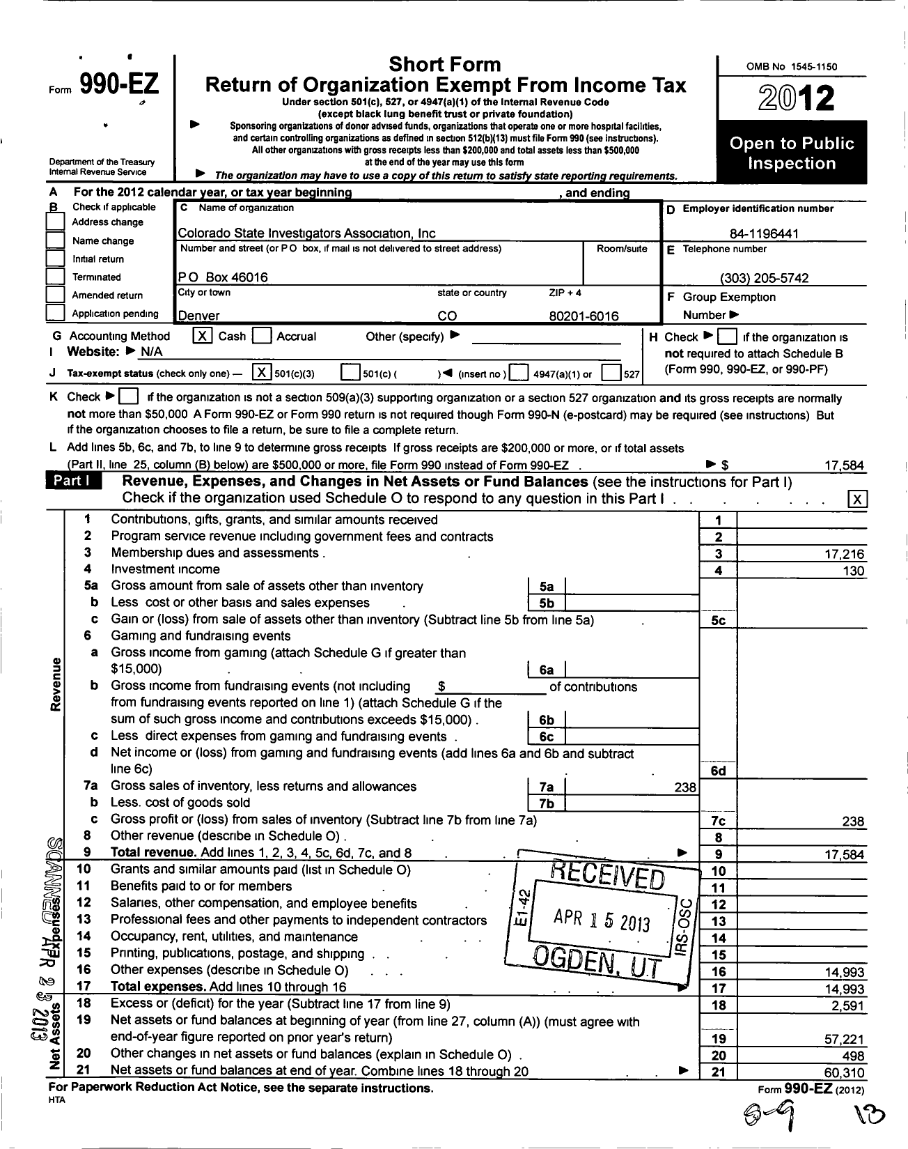 Image of first page of 2012 Form 990EZ for Colorado State Investigators Association