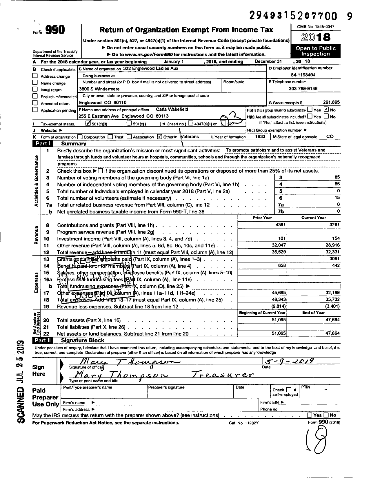 Image of first page of 2018 Form 990 for VFW Auxiliary Englewood 322