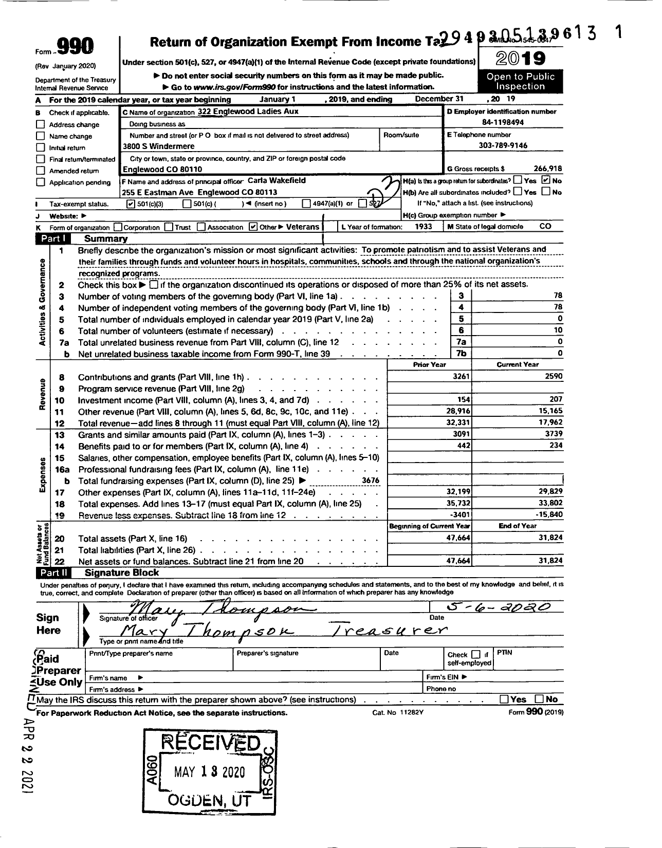 Image of first page of 2019 Form 990 for VFW Auxiliary Englewood 322