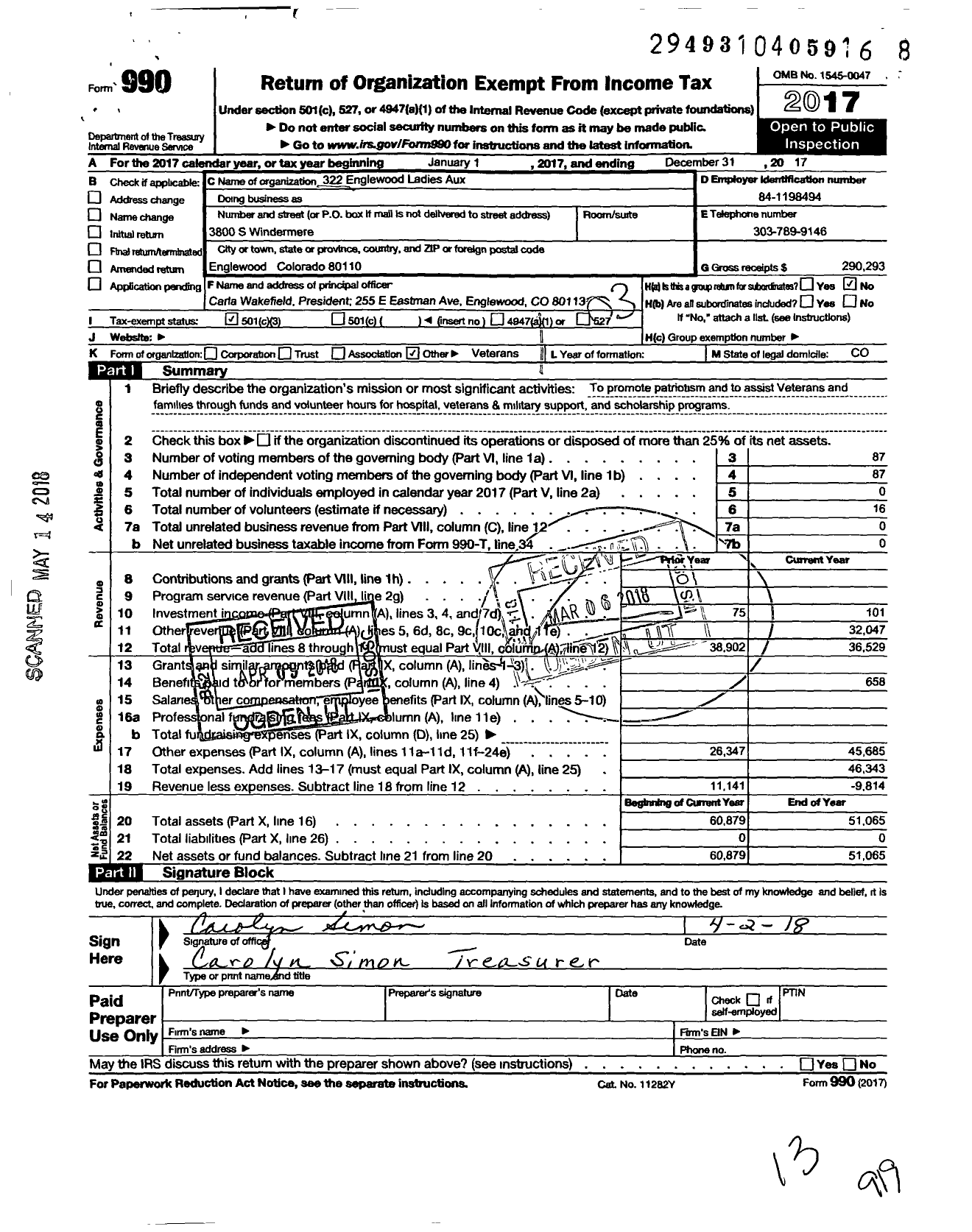 Image of first page of 2017 Form 990 for VFW Auxiliary Englewood 322