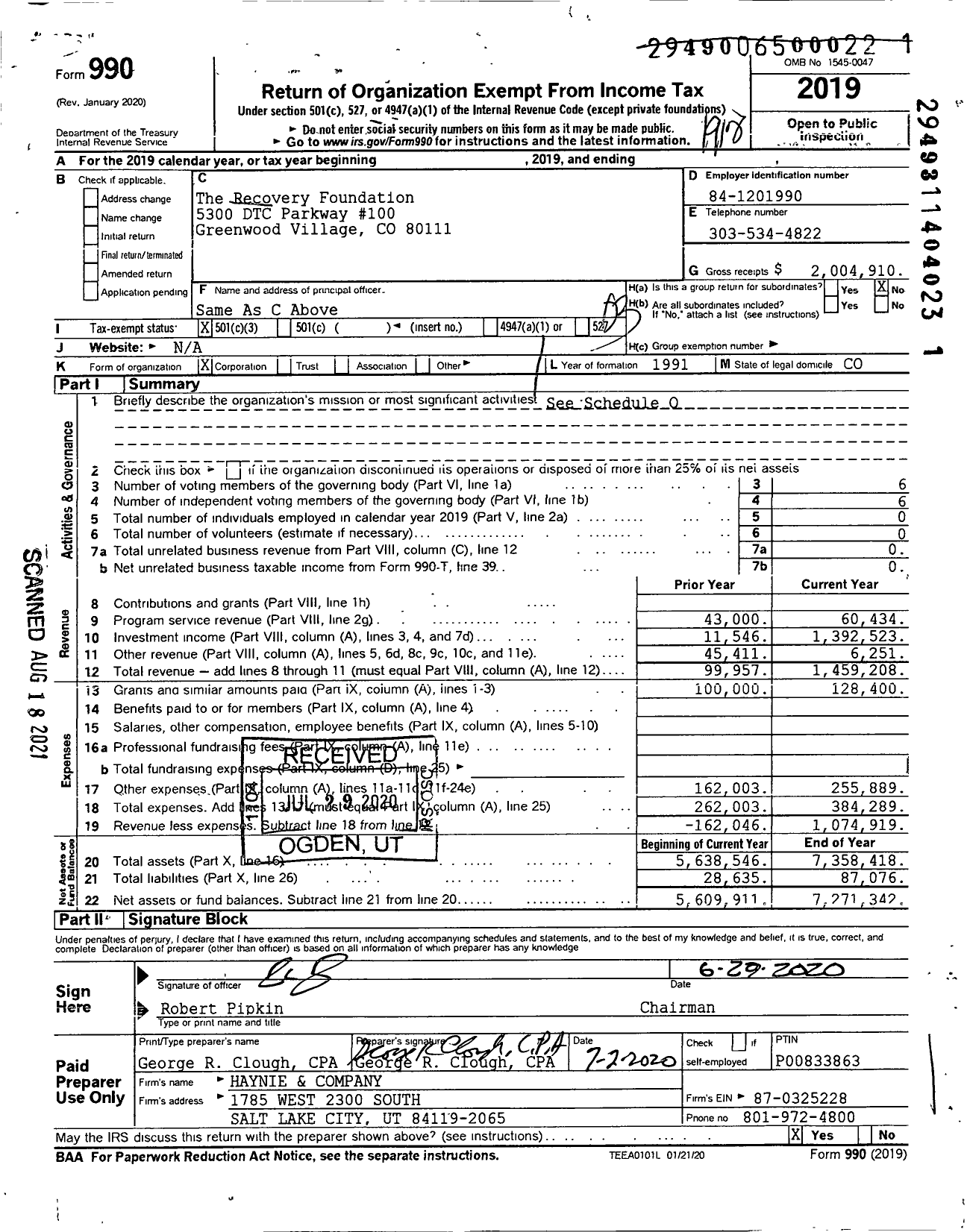 Image of first page of 2019 Form 990 for The Recovery Foundation