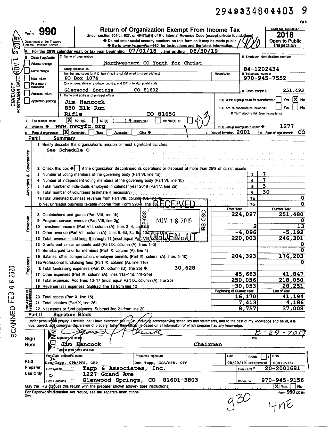 Image of first page of 2018 Form 990 for Youth for Christ - Northwestern Colorado Youth for CHR