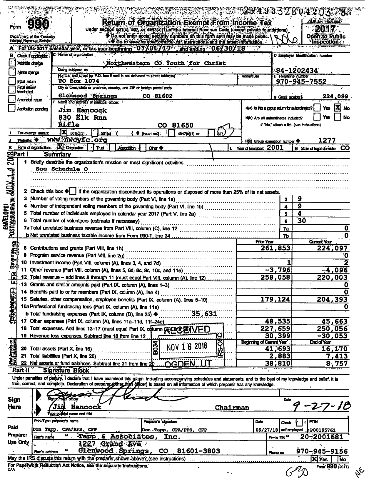 Image of first page of 2017 Form 990 for Youth for Christ - Northwestern Colorado Youth for CHR