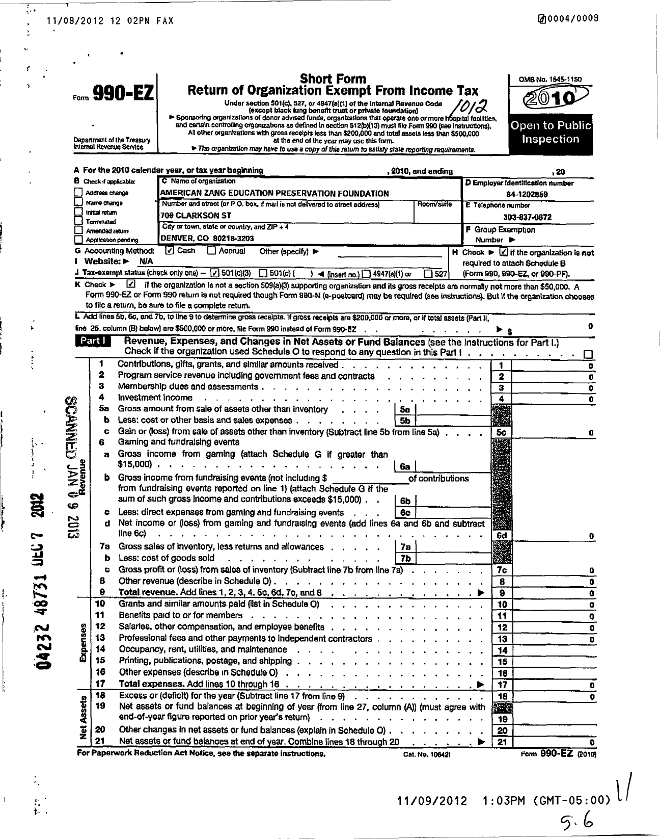 Image of first page of 2010 Form 990EZ for Colorado Womens Art Center and Museum