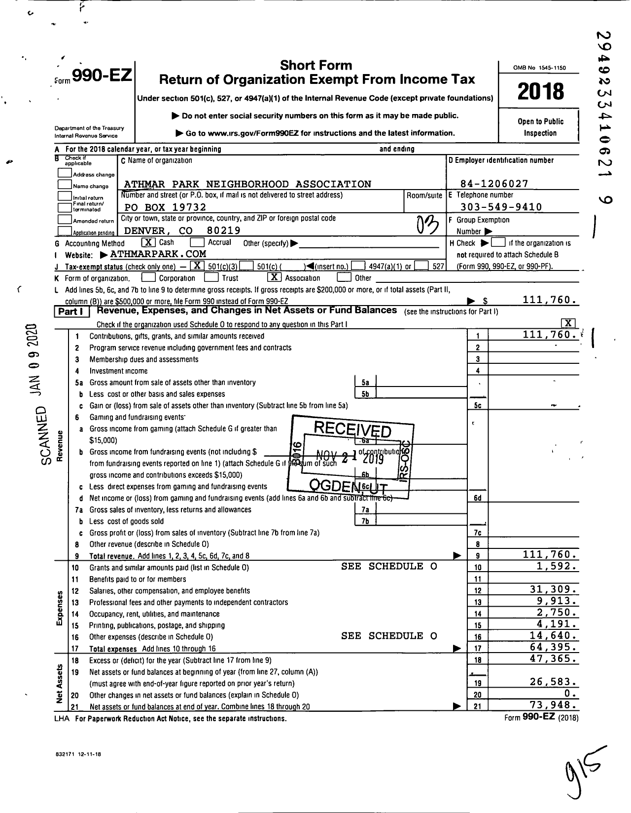 Image of first page of 2018 Form 990EZ for Athmar Park Neighborhood Association