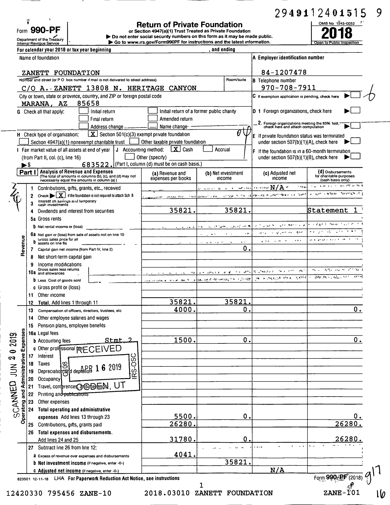 Image of first page of 2018 Form 990PF for Zanett Foundation