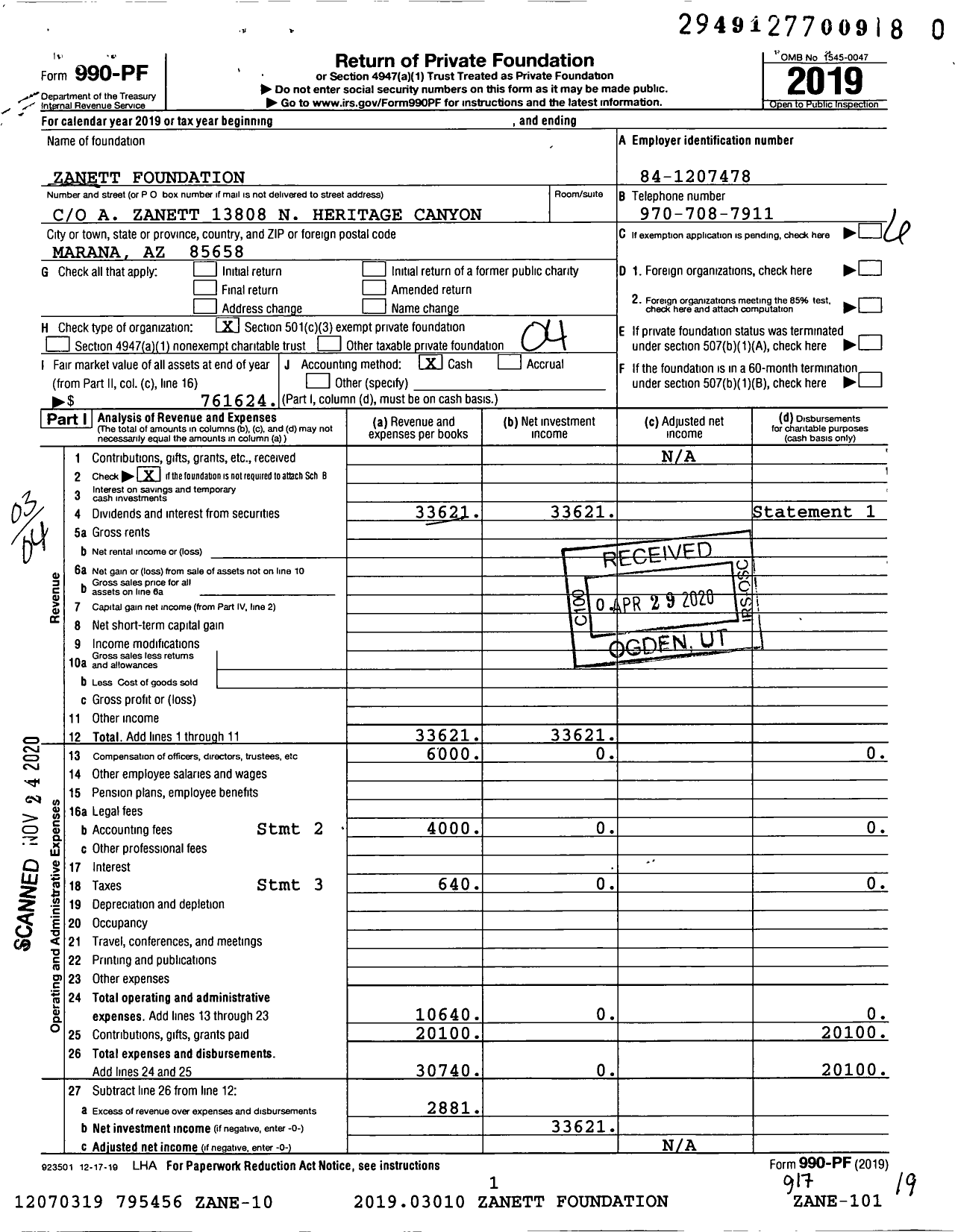 Image of first page of 2019 Form 990PF for Zanett Foundation