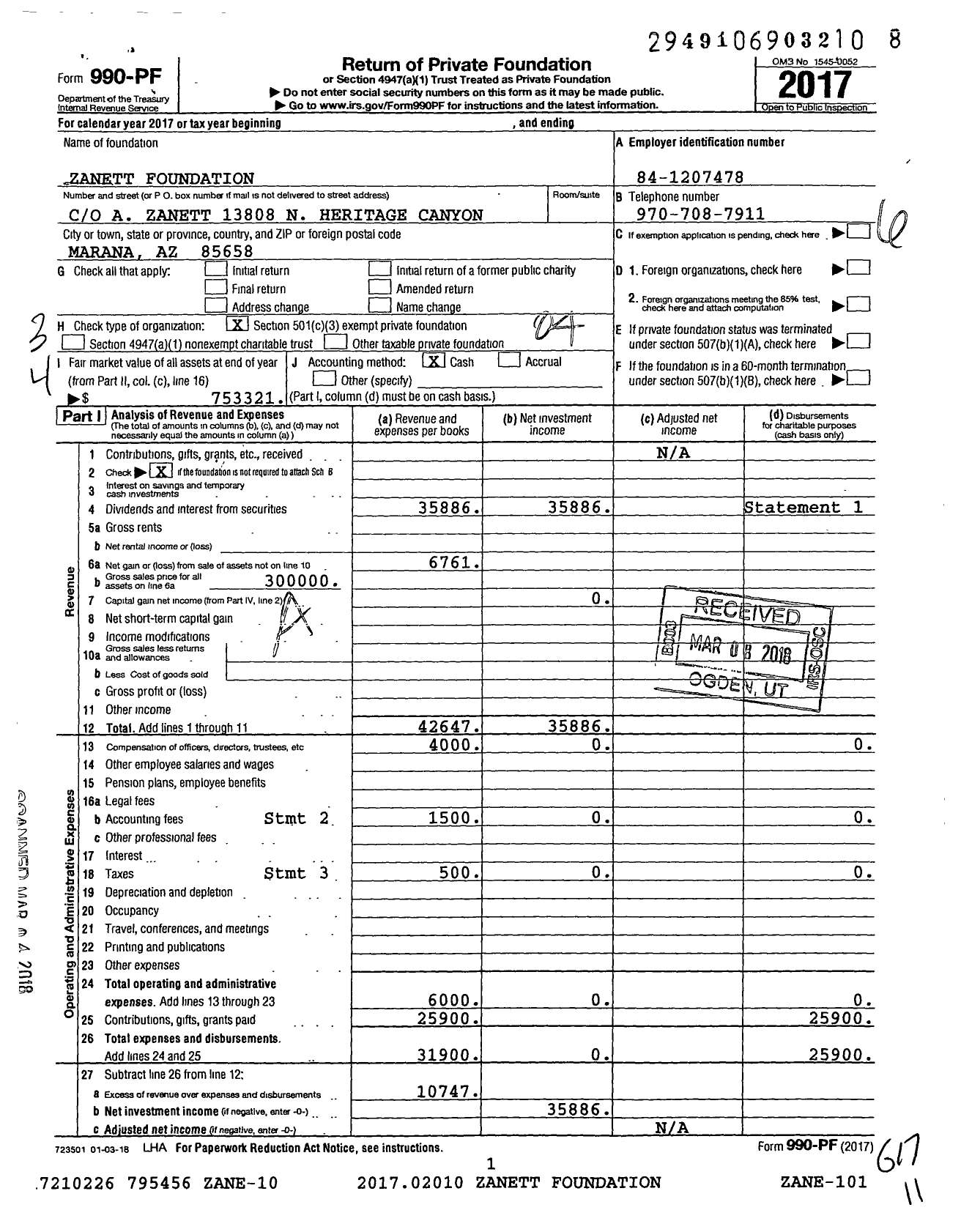 Image of first page of 2017 Form 990PF for Zanett Foundation