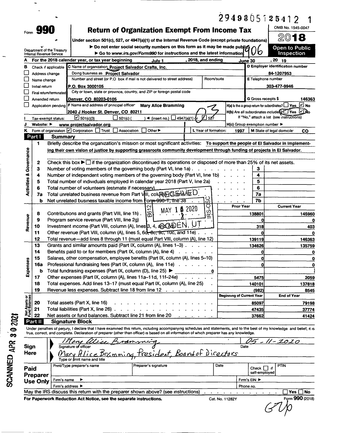 Image of first page of 2018 Form 990 for Project El Salvador