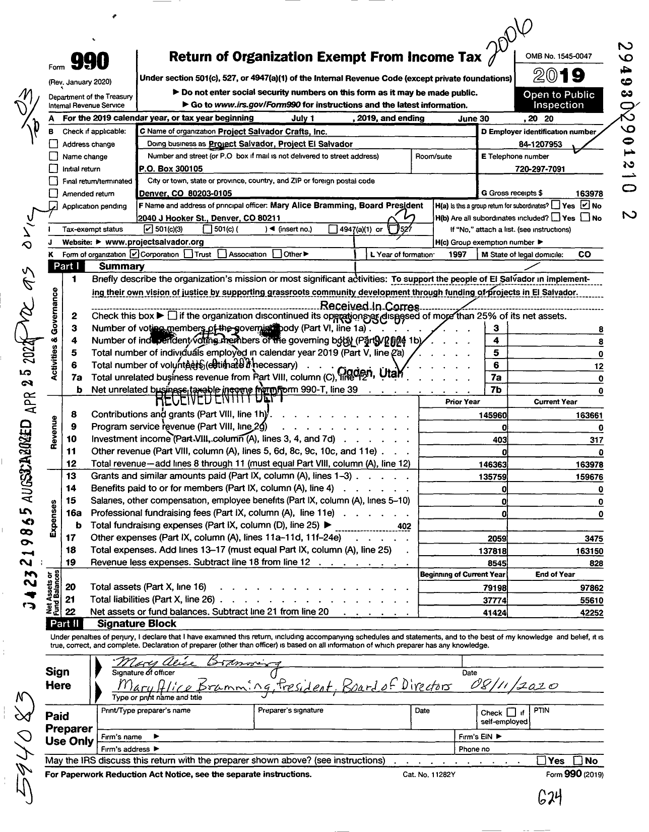 Image of first page of 2019 Form 990 for Project El Salvador