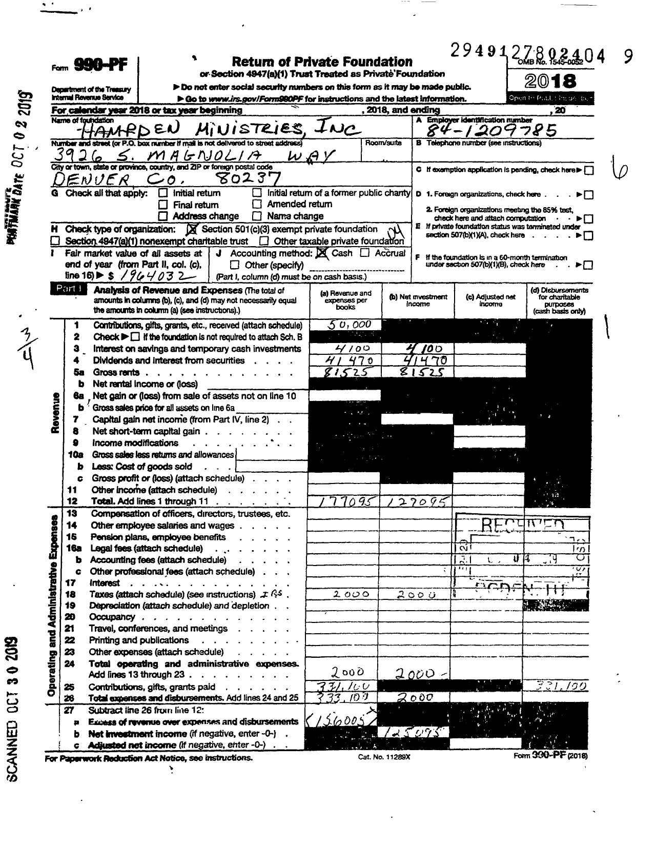 Image of first page of 2018 Form 990PF for Hampden Ministries