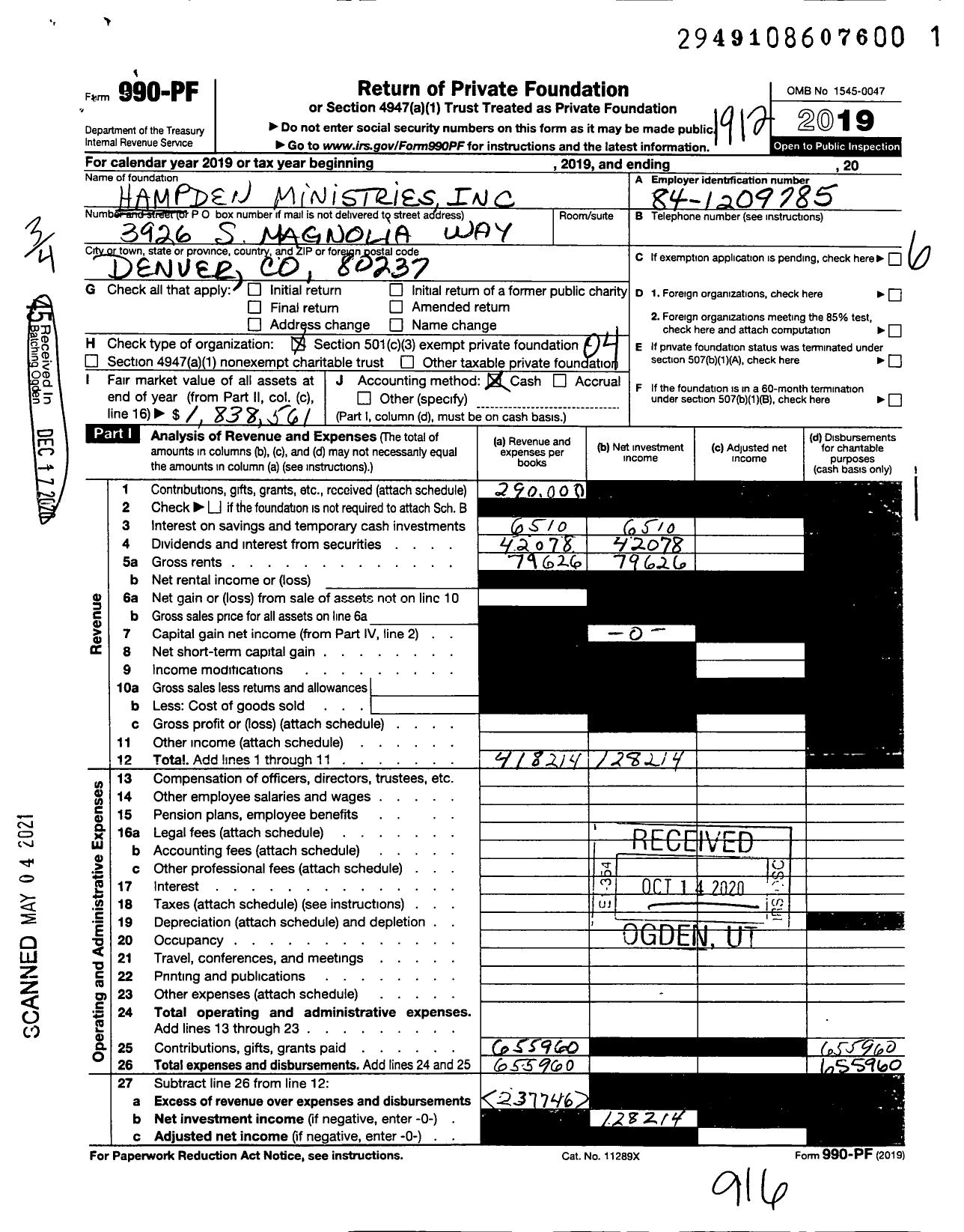 Image of first page of 2019 Form 990PF for Hampden Ministries