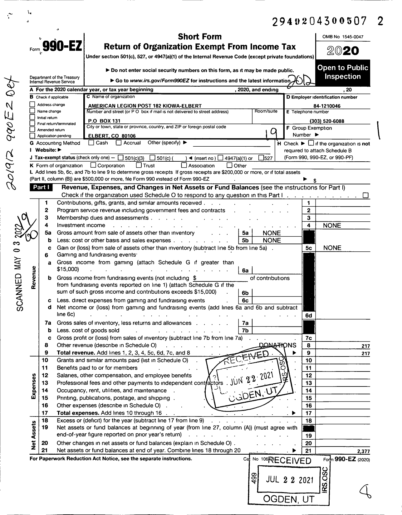 Image of first page of 2020 Form 990EO for American Legion - 182 Kiowa-Elbert Post