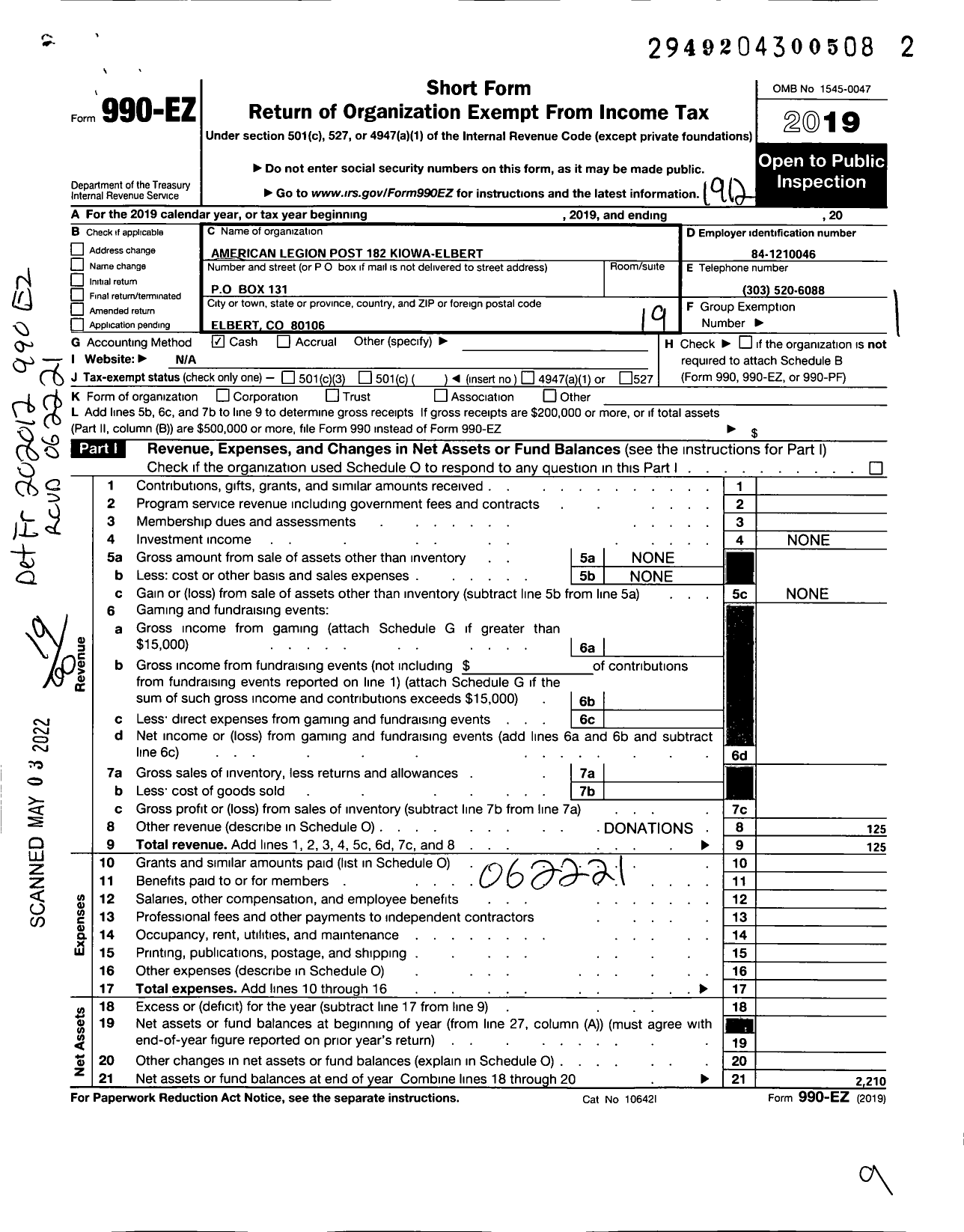 Image of first page of 2019 Form 990EO for American Legion - 182 Kiowa-Elbert Post