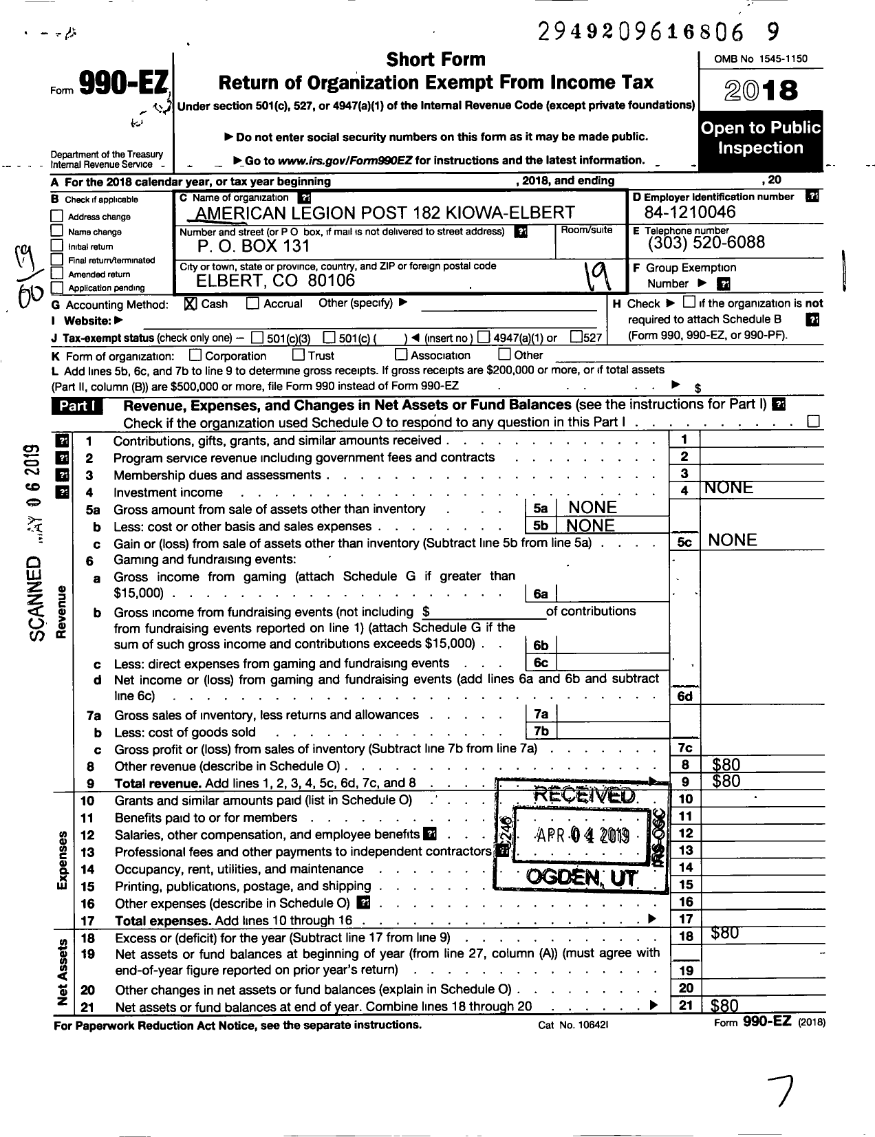 Image of first page of 2018 Form 990EO for American Legion - 182 Kiowa-Elbert Post