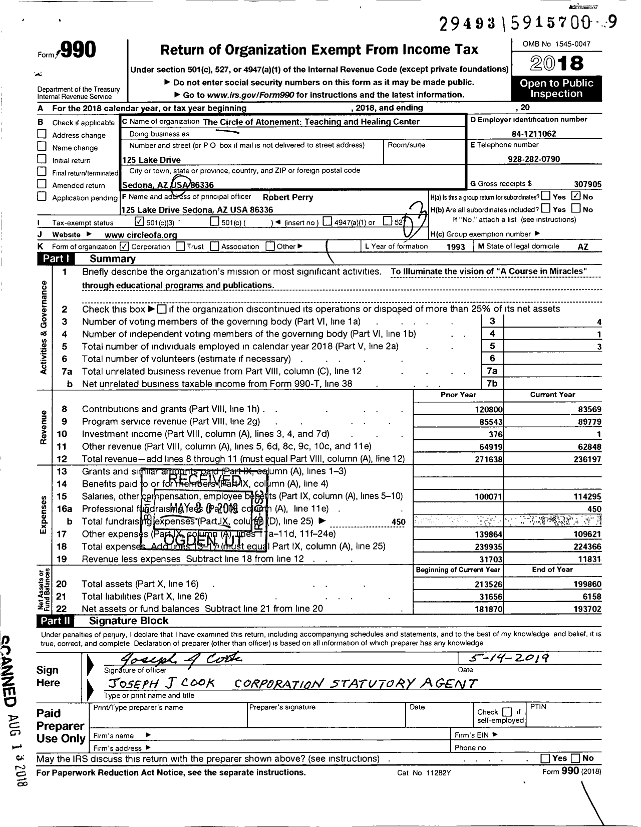 Image of first page of 2018 Form 990 for The Circle of Atonement Teaching and Healing Center